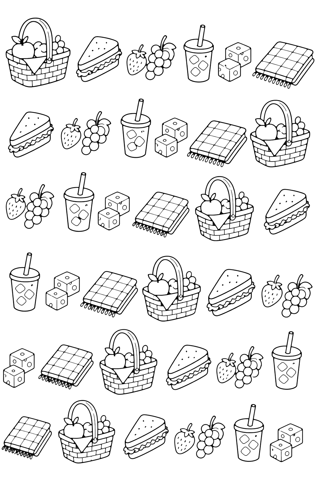 Disegno di barbecue e picnic con motivo ripetuto di cibo da picnic. Adatto all'estate, alla stampa, al download e alla colorazione online.