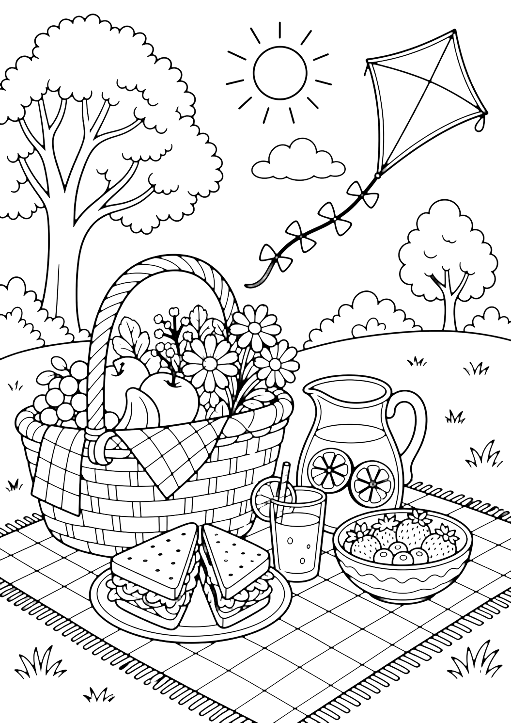 Dibujo de picnic con cometa de picnic en el parque. Ideal para imprimir, descargar, colorear online y actividades tranquilas de verano.
