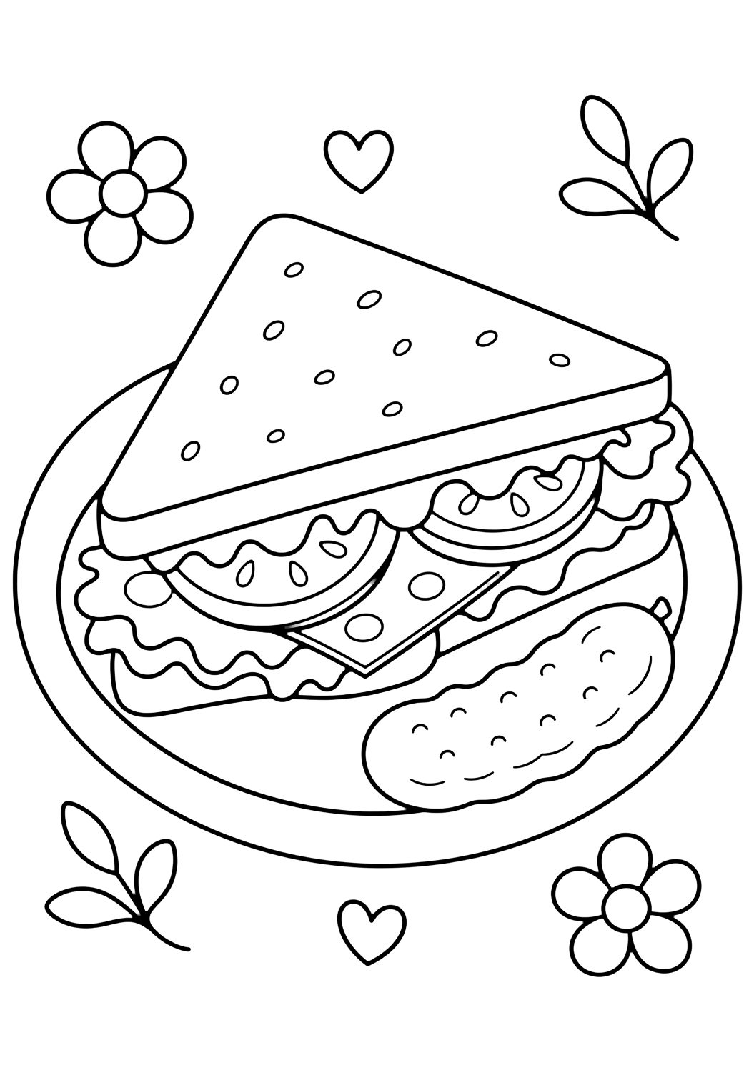 Dibujo de barbacoa y picnic con sándwich de picnic. Ideal para verano, impresión, descarga y coloreado online.