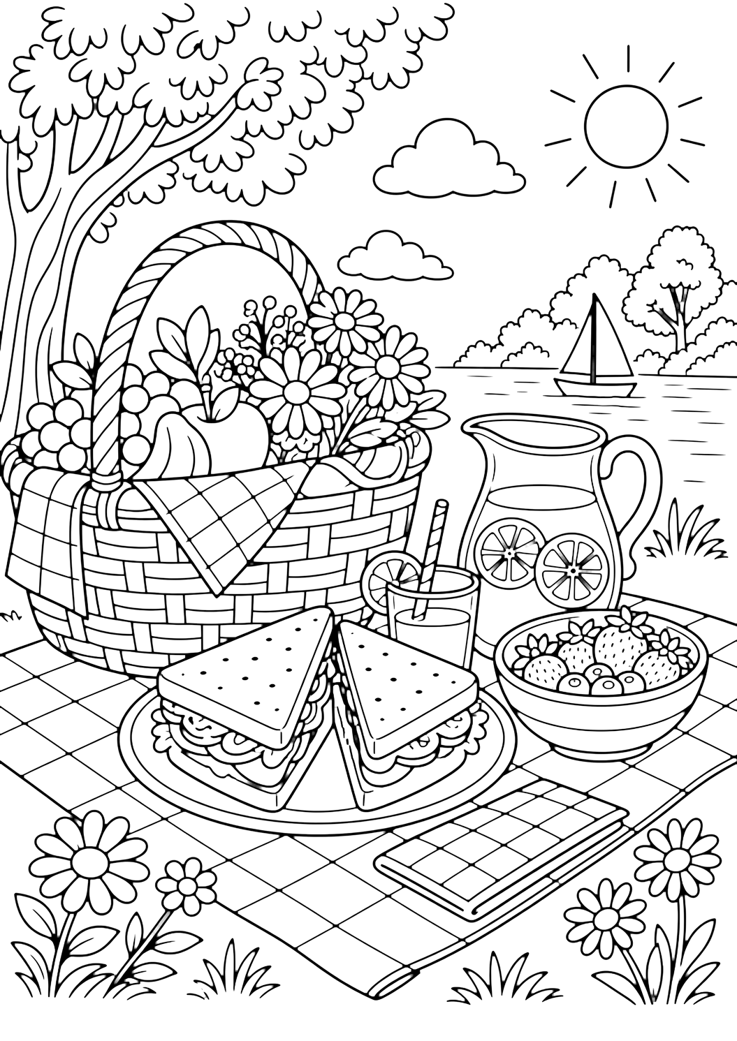 Picknick-Ausmalbild mit picknickteller mit sandwiches. Geeignet zum Drucken, Herunterladen, Online-Ausmalen und für ruhige Sommeraktivitäten.