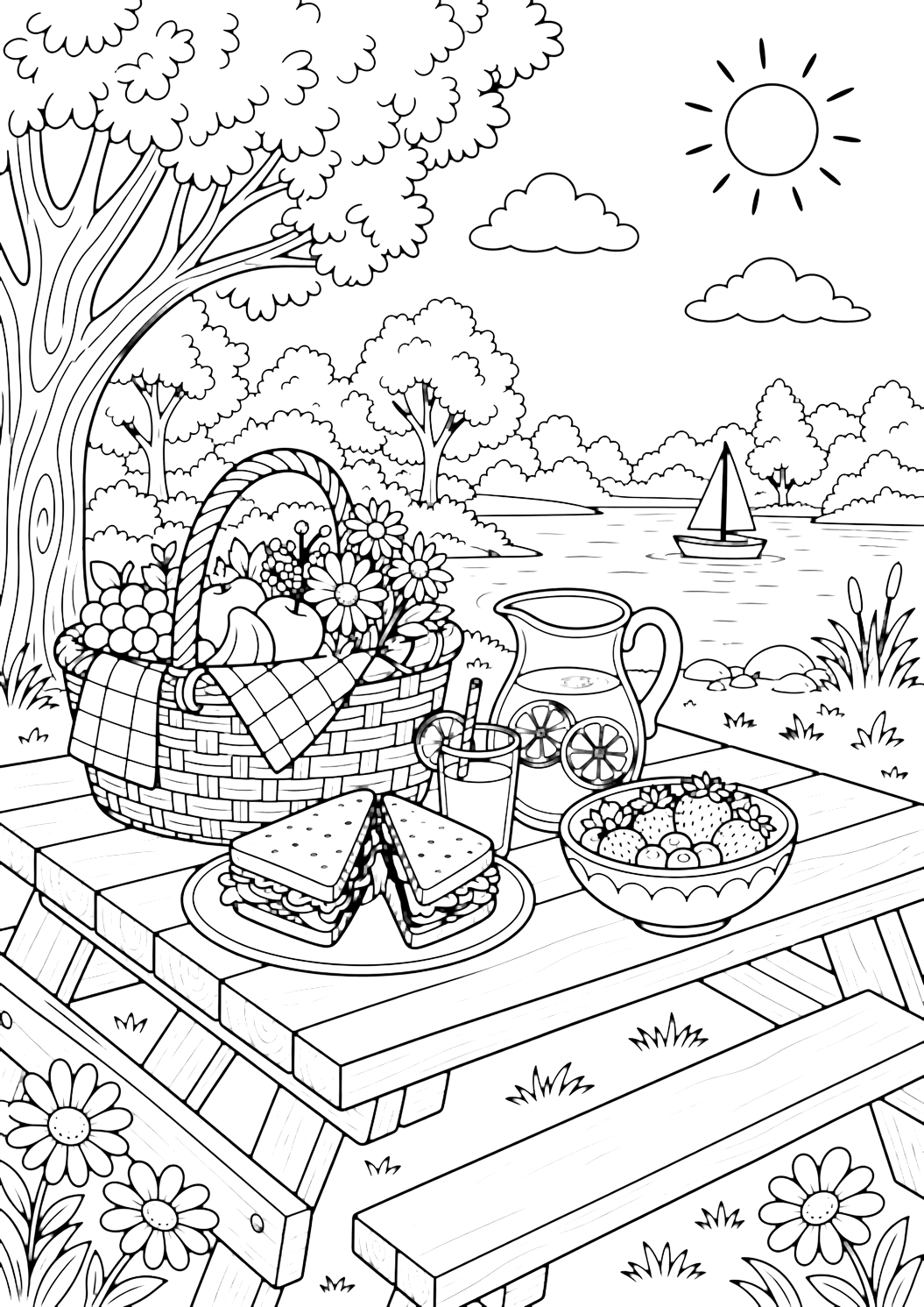 Dibujo de picnic con mesa de picnic en el parque. Ideal para imprimir, descargar, colorear online y actividades tranquilas de verano.