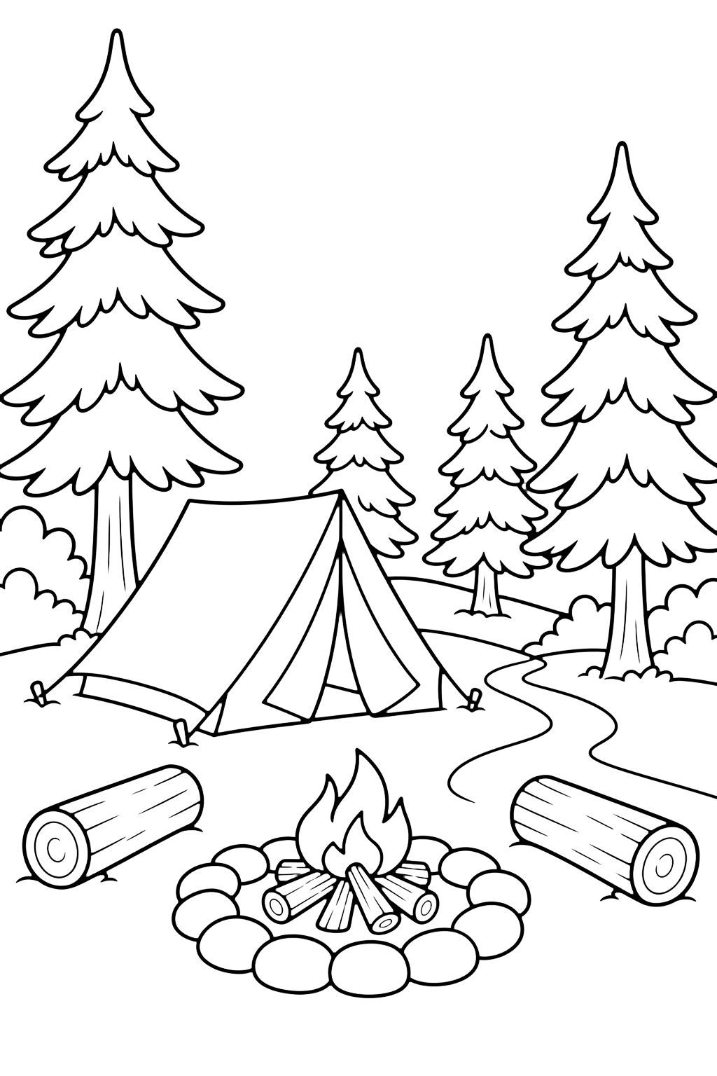 Coloriage camping dans une forêt de pins