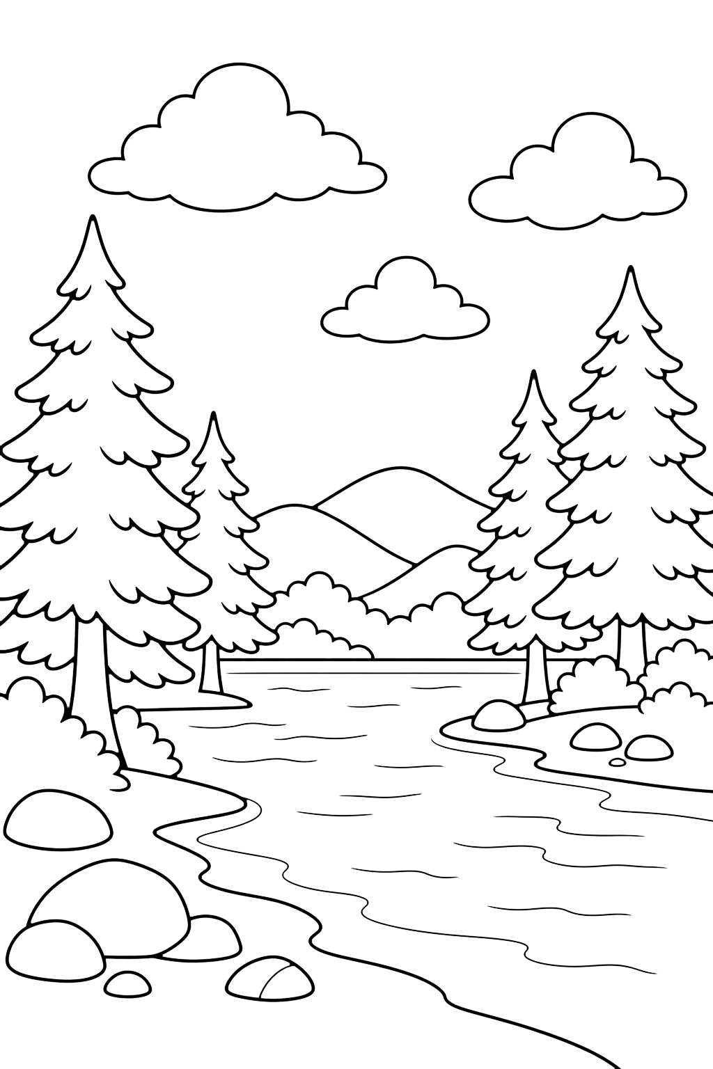 Lago en bosque de pinos para colorear