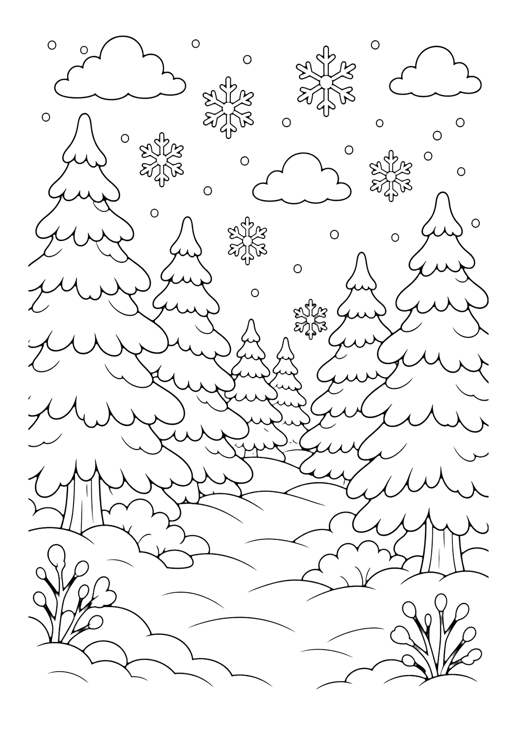 Coloriage forêt de pins avec flocons