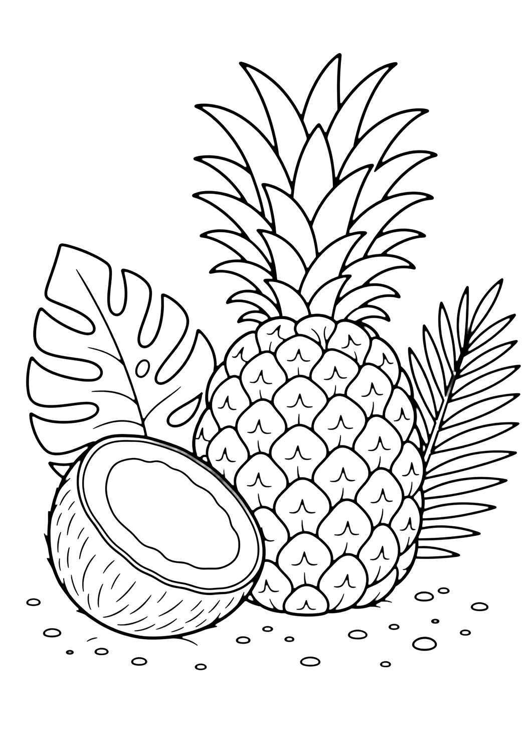 pineapple and coconut coloring page with one pineapple beside a half coconut, two tropical leaves, a few rounded sand dots, and lots of white space
