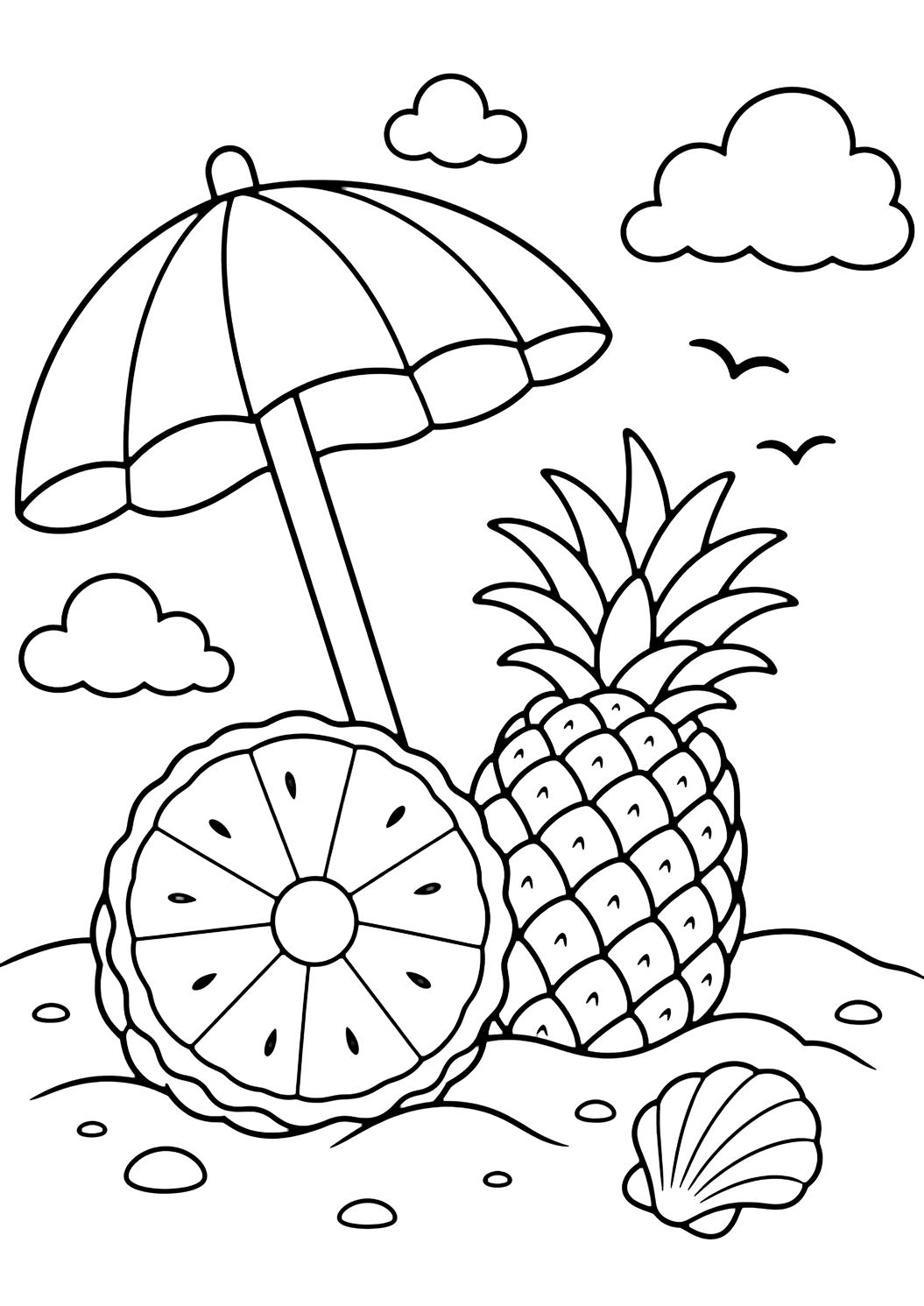 pineapple beach snack coloring page with a pineapple slice and small whole pineapple near a simple beach umbrella, tiny shell, sand shapes, and open sky