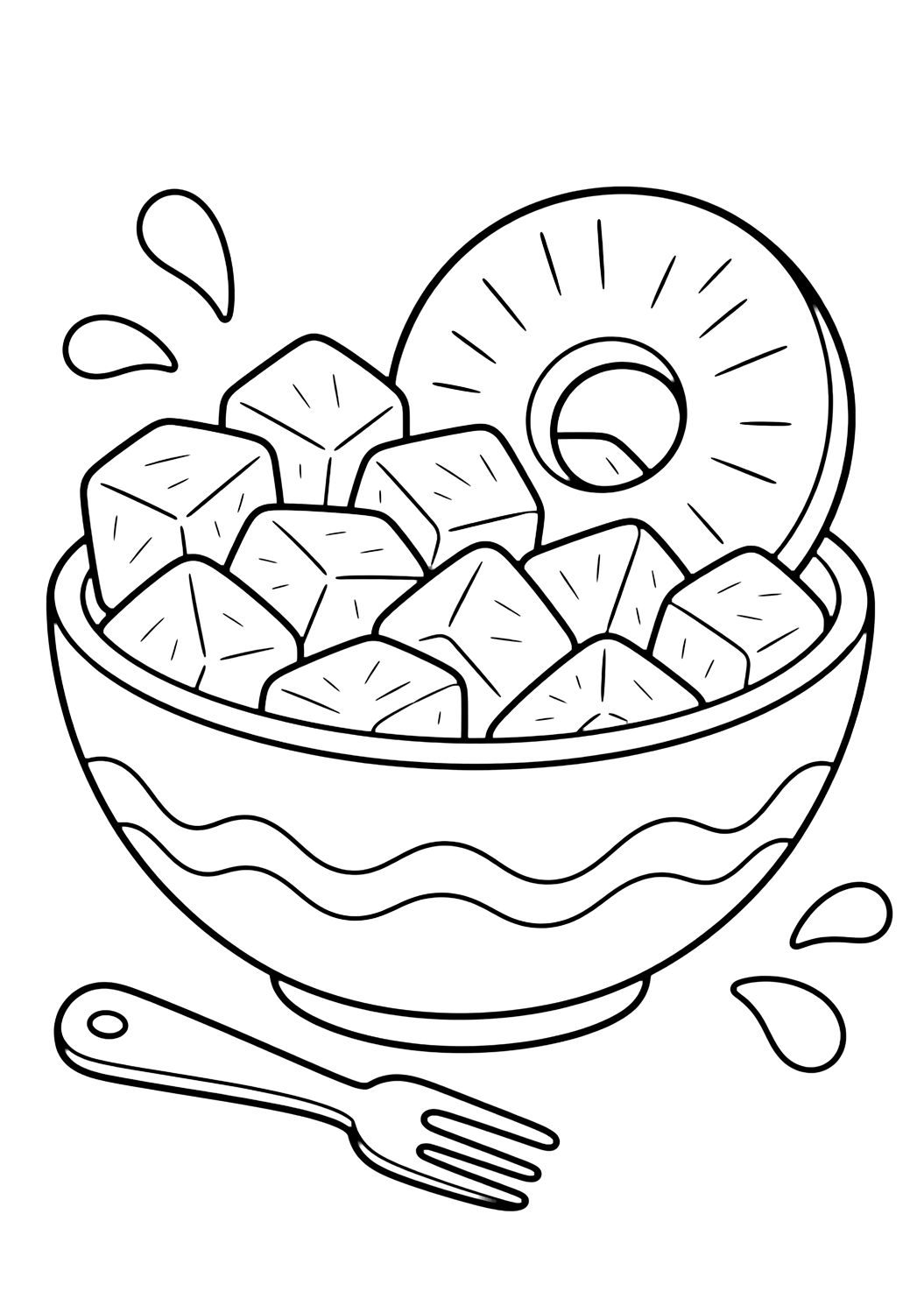 pineapple chunks bowl coloring page with a simple bowl filled with cube-shaped pineapple chunks, one ring slice, a tiny fork, and a few juice drops