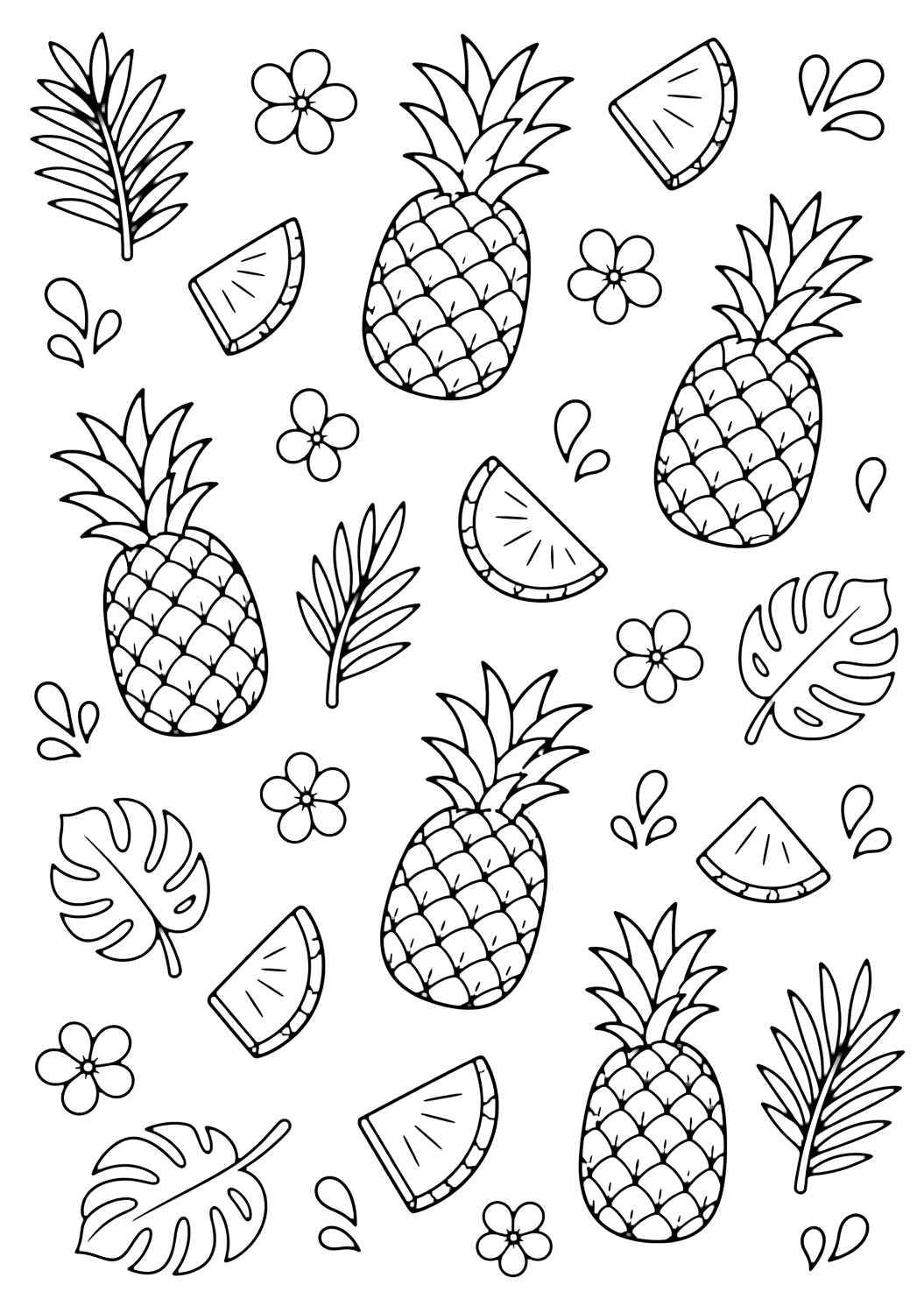 pineapple doodle pattern coloring page with a simple repeating doodle pattern of pineapples, slices, leaves, tiny flowers, and splash drops, each separated by plenty of white space