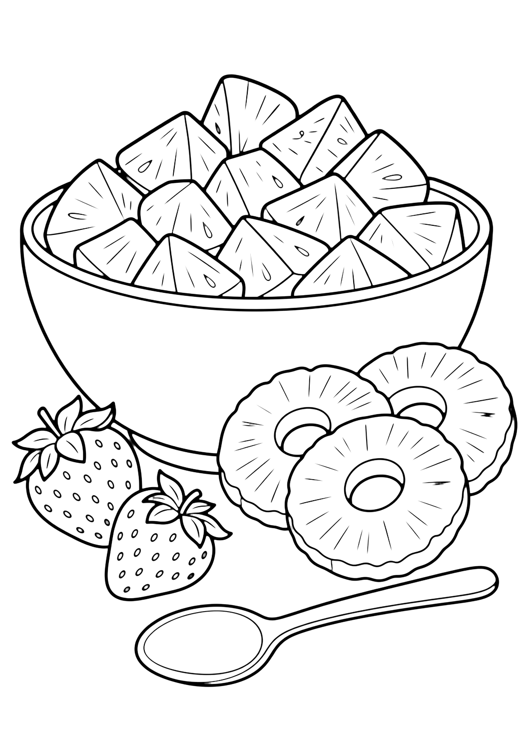 pineapple fruit bowl coloring page with a bowl filled with pineapple chunks, a few pineapple rings, two strawberries, a simple spoon, and a plain white background