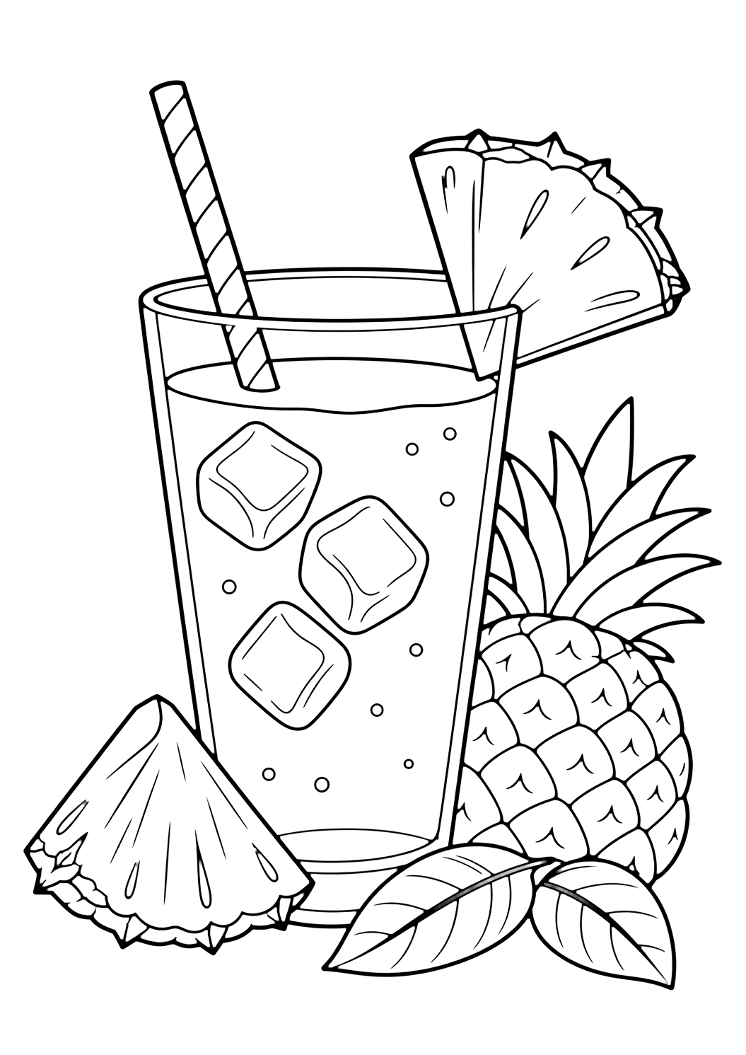pineapple juice glass coloring page with a clear glass of pineapple juice with a straw, ice cubes, a pineapple wedge garnish, leaf detail, and no label
