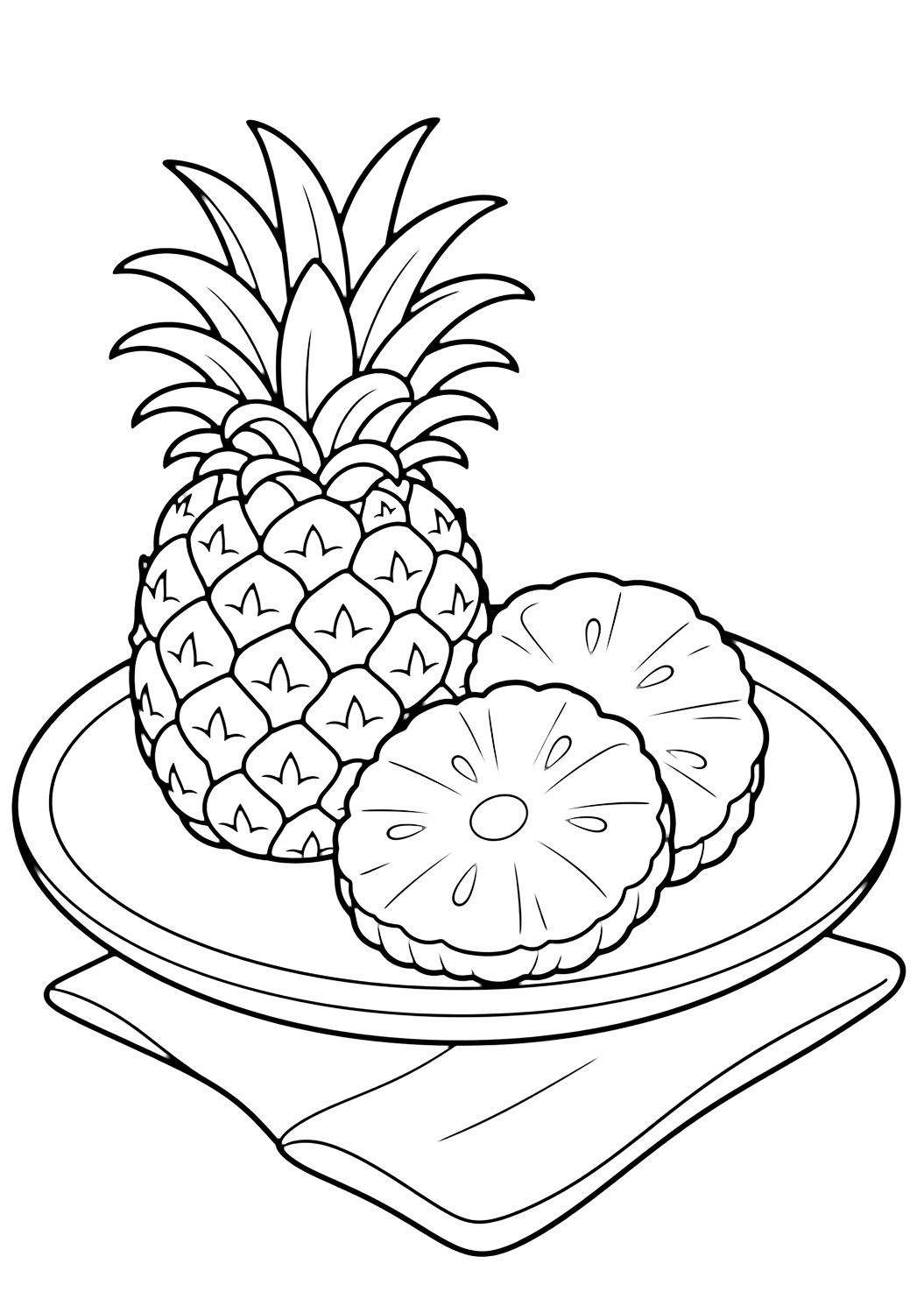 Coloriage d'ananas avec ananas sur assiette. Idéal pour l'été, l'impression, le téléchargement et le coloriage en ligne.