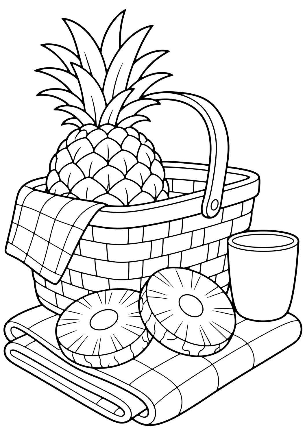 pineapple picnic basket coloring page with a picnic basket with a pineapple sticking out, two pineapple slices, a folded blanket, a small cup, and no writing