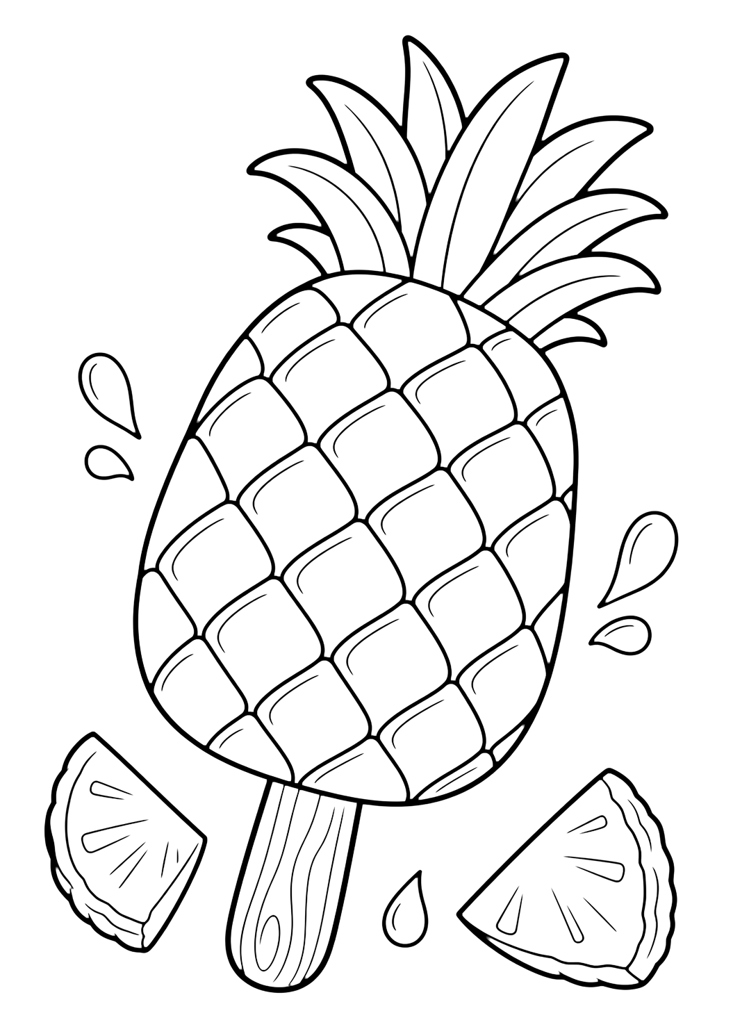 pineapple popsicle coloring page with a pineapple-shaped popsicle on a wooden stick with broad fruit sections, a leafy crown top, a few drops, and no wrapper