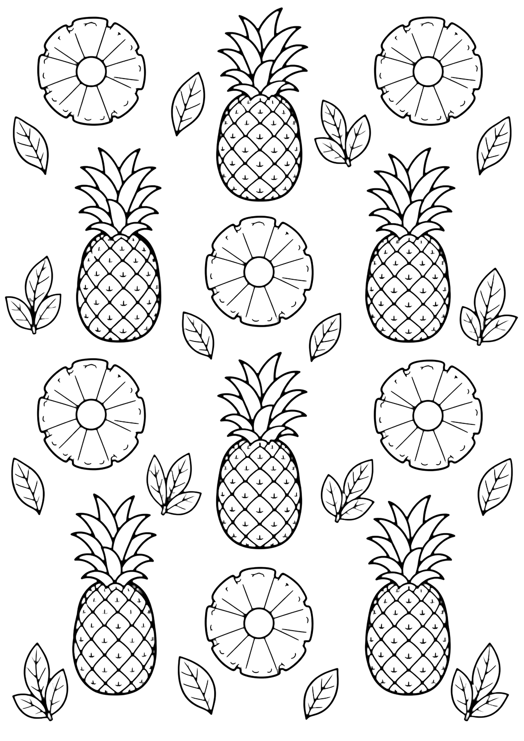 pineapple repeating pattern coloring page with a neat pattern of pineapple slices and small whole pineapples arranged in rows with generous spacing, simple leaf shapes, and no text