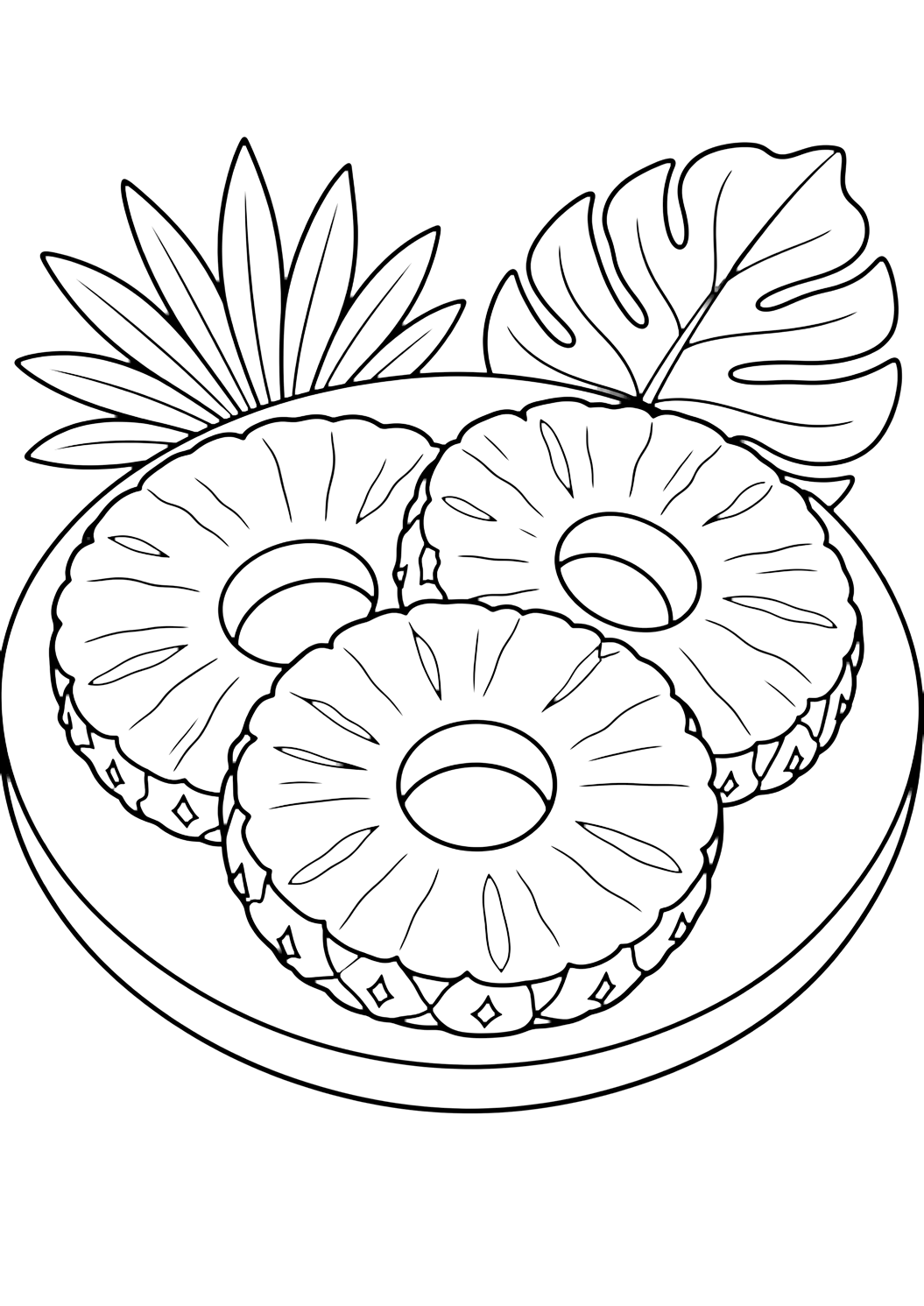 Ananas-Ausmalbild mit ananasringe. Geeignet für Sommer, Ausdrucke, Downloads und Online-Ausmalen.