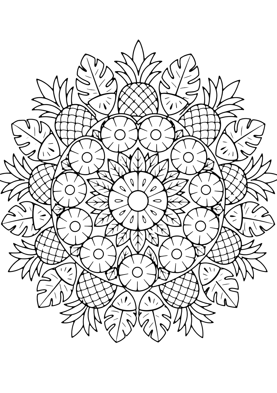 pineapple slice mandala coloring page with a radial mandala with pineapple ring petals, concentric slice circles, leaf motifs, rind diamond shapes, and no text