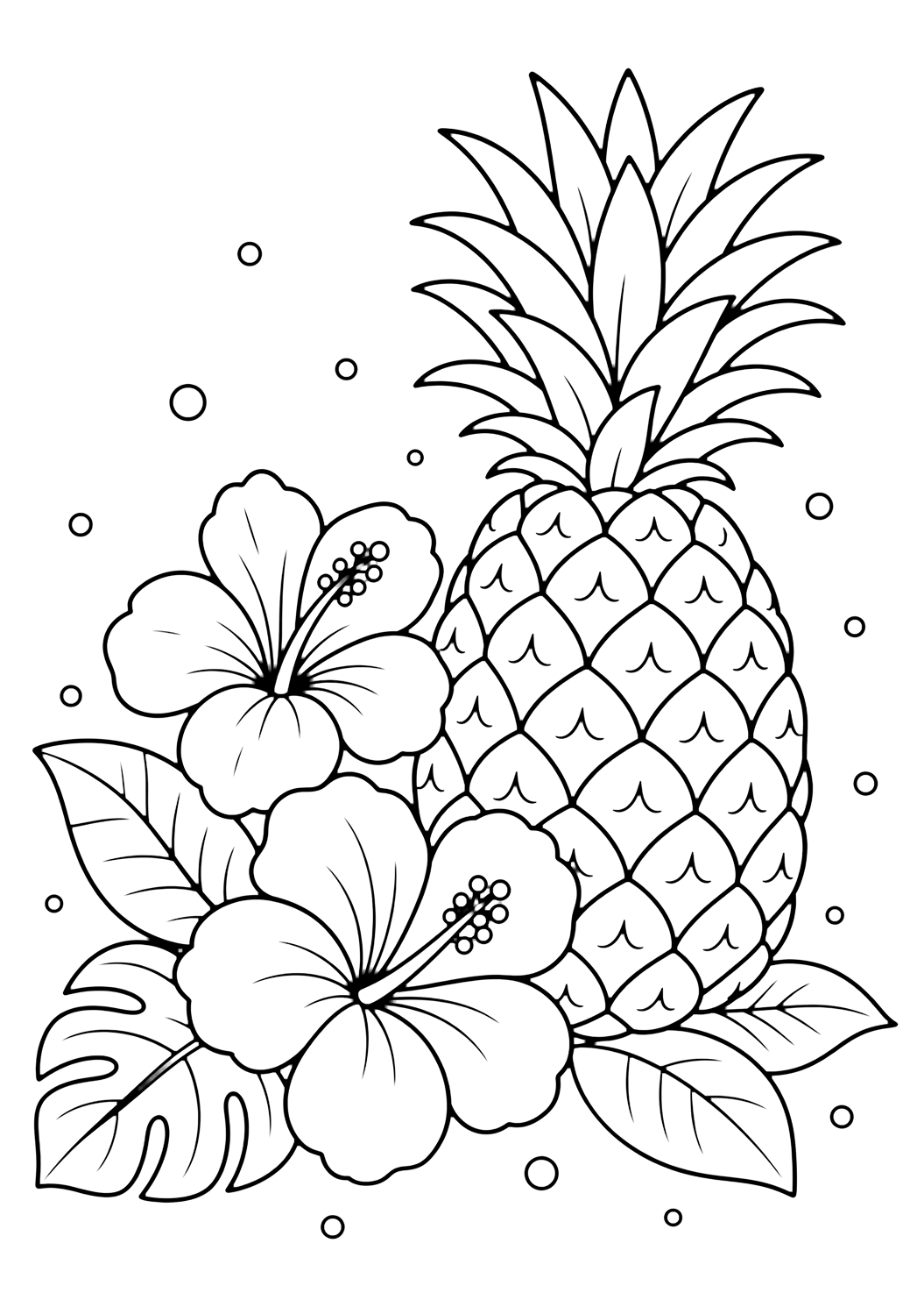 pineapple with tropical flowers coloring page with a pineapple standing beside two large tropical flowers, broad leaves, small dots, and open white space with no text