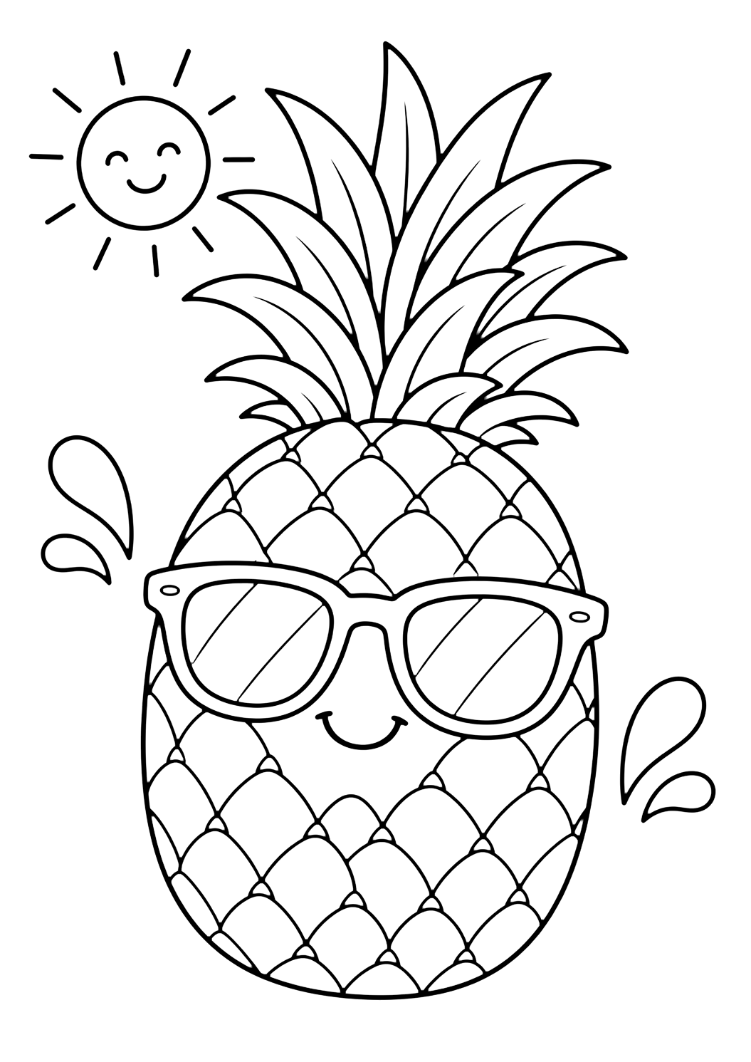 pineapple with sunglasses coloring page with one pineapple wearing simple sunglasses, with a small sun, two splash drops, leafy crown, and no beach sign or words