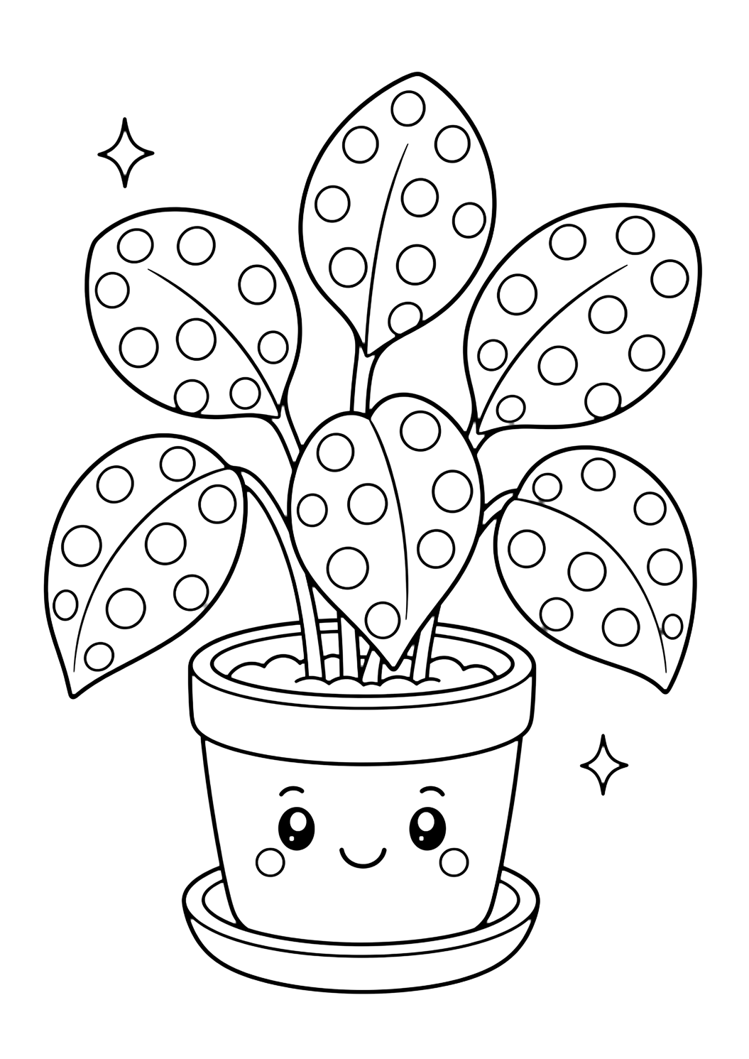 Plante aux pois à colorier avec une plante aux pois dans un joli pot, six feuilles ovales, de grands motifs simples de points dans les feuilles, une petite soucoupe et deux petites étincelles. Parfait pour les enfants qui aiment les coloriages de plantes d'intérieur à imprimer et à colorier en ligne.