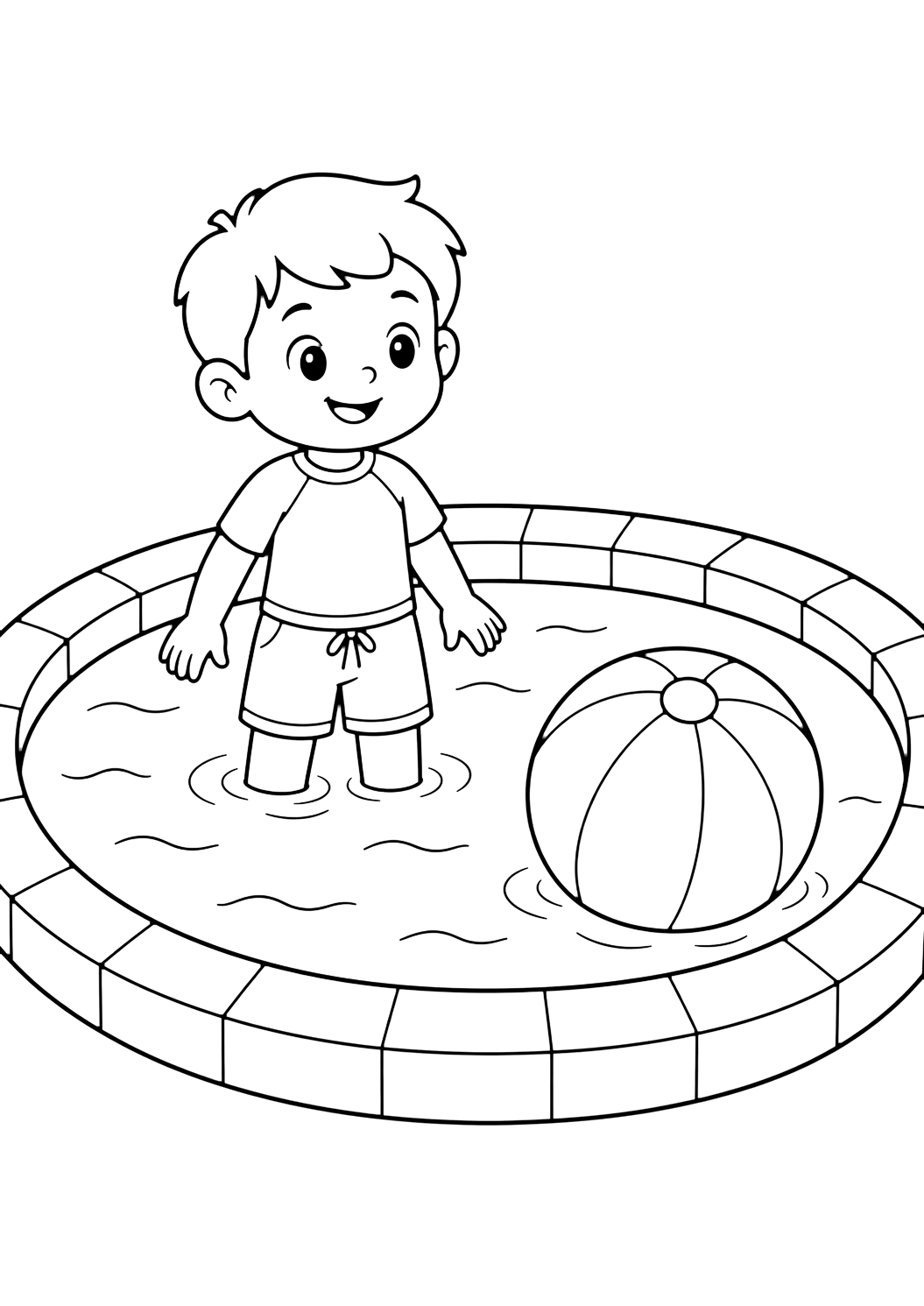 Pool-Ausmalbild mit pool und wasserball. Geeignet für Kinder, Sommer, Ausdrucke und Online-Ausmalen.