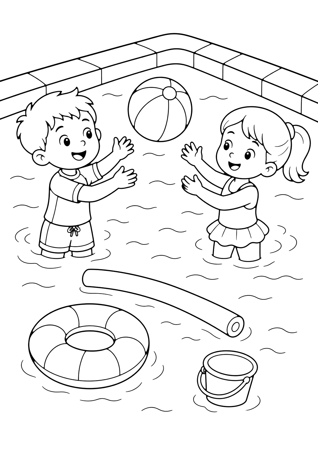 pool toys coloring page with a pool corner with two simple cartoon children playing safely with a beach ball, plus a pool noodle, ring float, small bucket, and simple water lines for kids