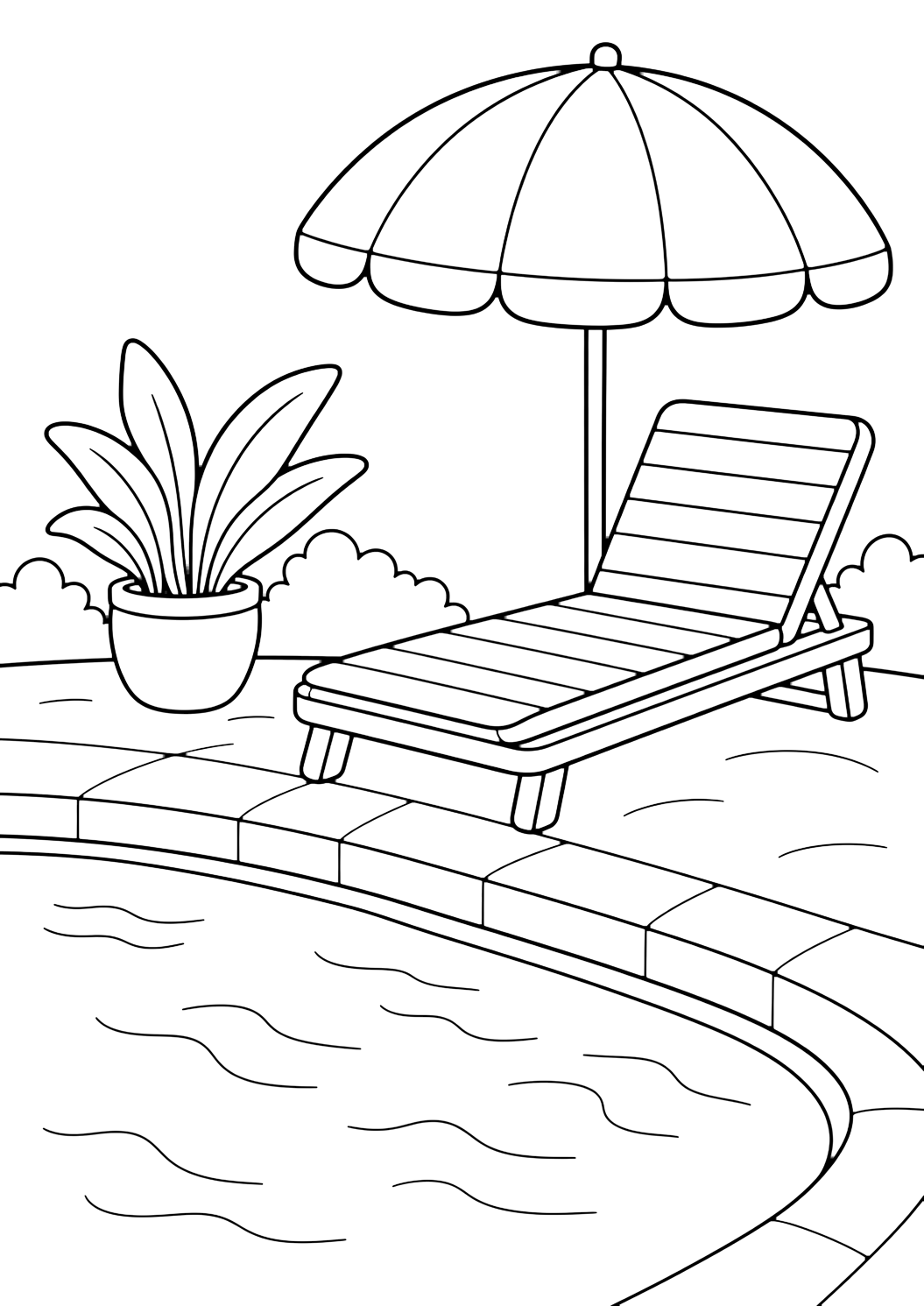 Pool-Ausmalbild mit sonnenschirm und liegestuhl am pool. Geeignet für Kinder, Sommer, Ausdrucke und Online-Ausmalen.