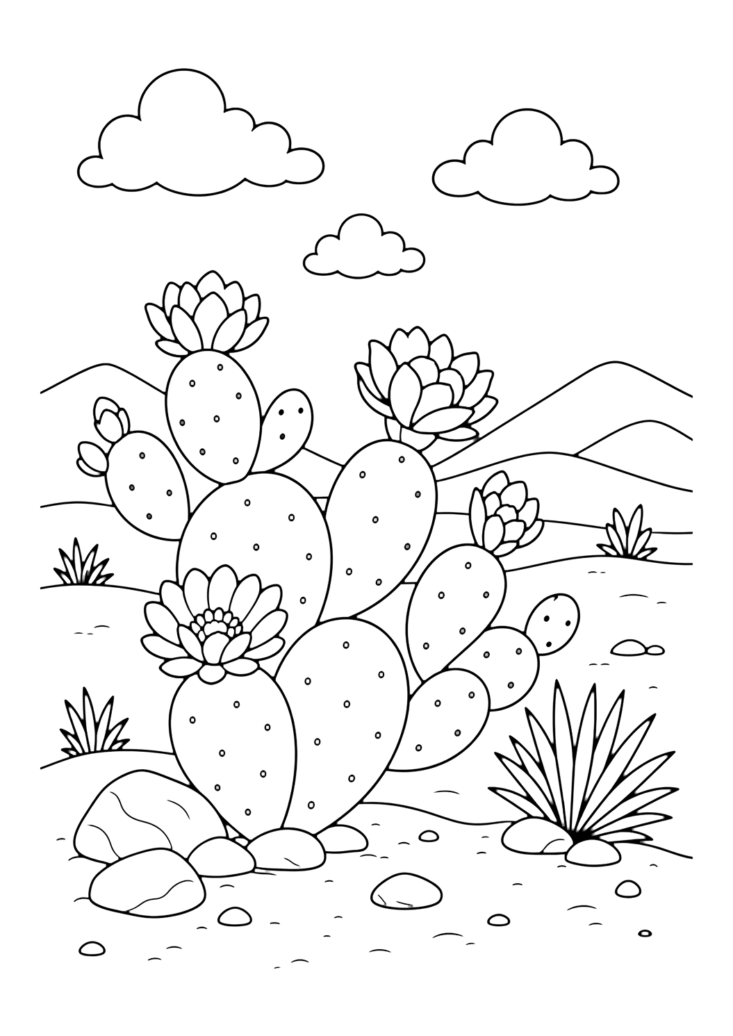 prickly pear desert coloring page with prickly pear cactus pads with desert flowers, rocks, sandy ground, distant hills, and sky for kids