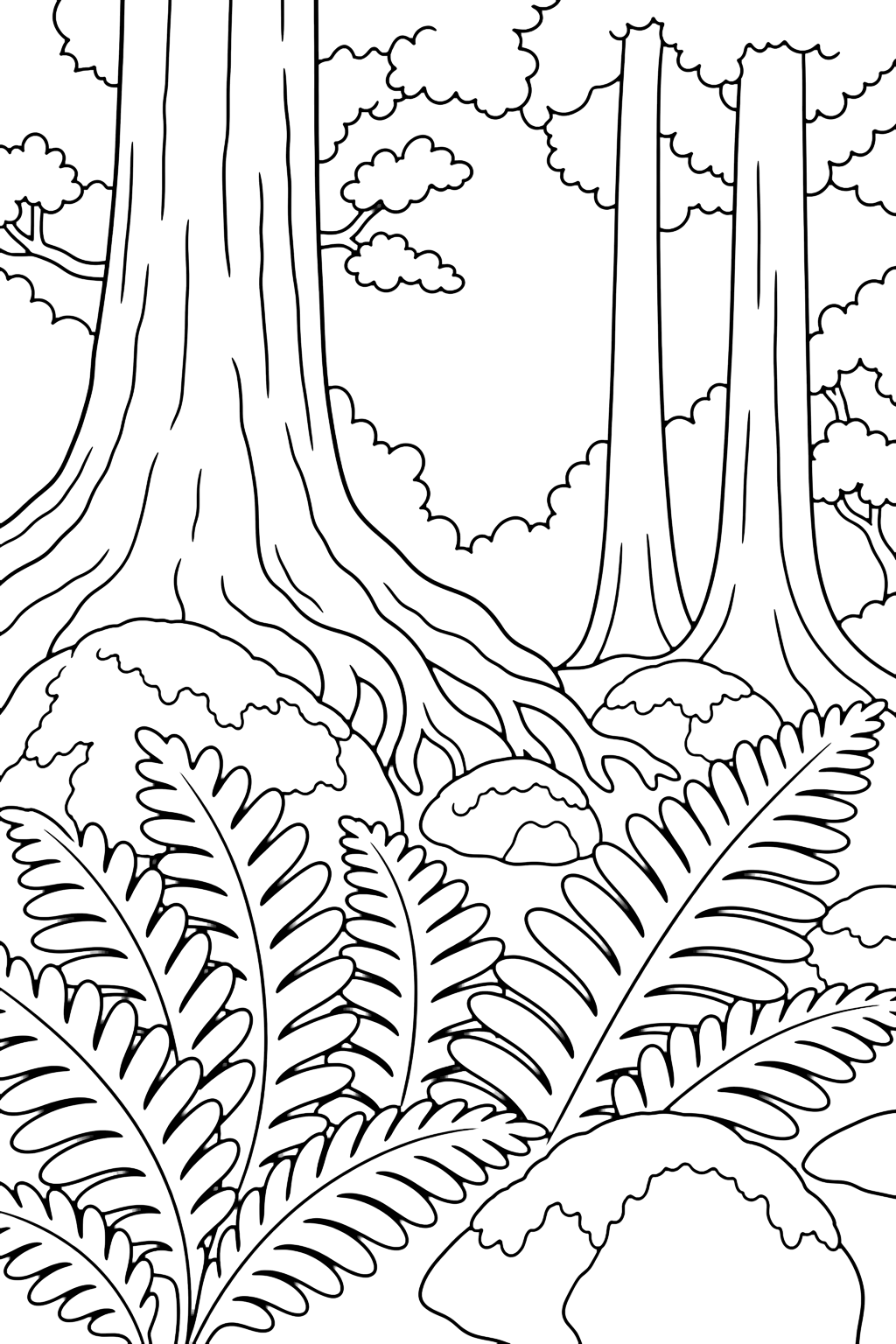 Coloriage forêt primitive de fougères