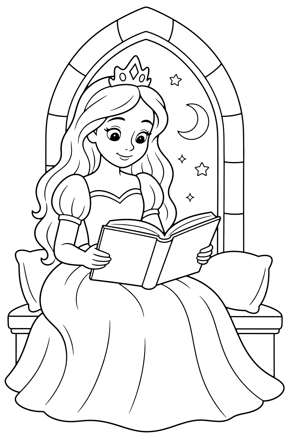 Принцеса чете книжка до прозорец на замък с луна, звезди, корона и възглавнички за деца