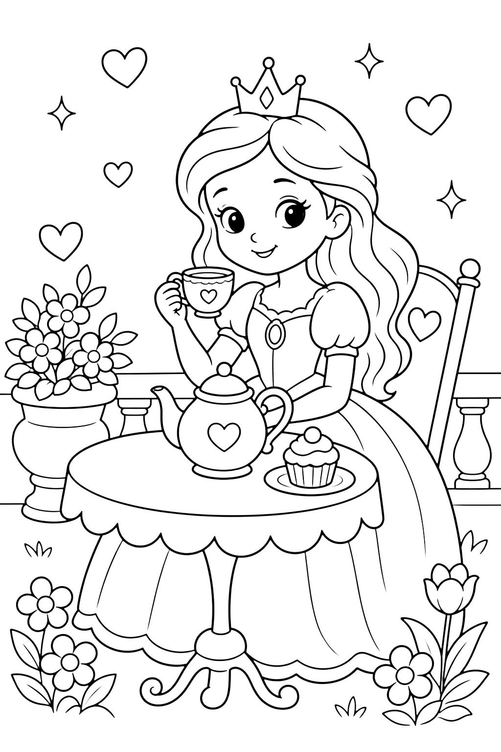 Princesse à un goûter royal avec théière, tasse, cupcake, fleurs, coeurs, éclats et couronne pour enfants