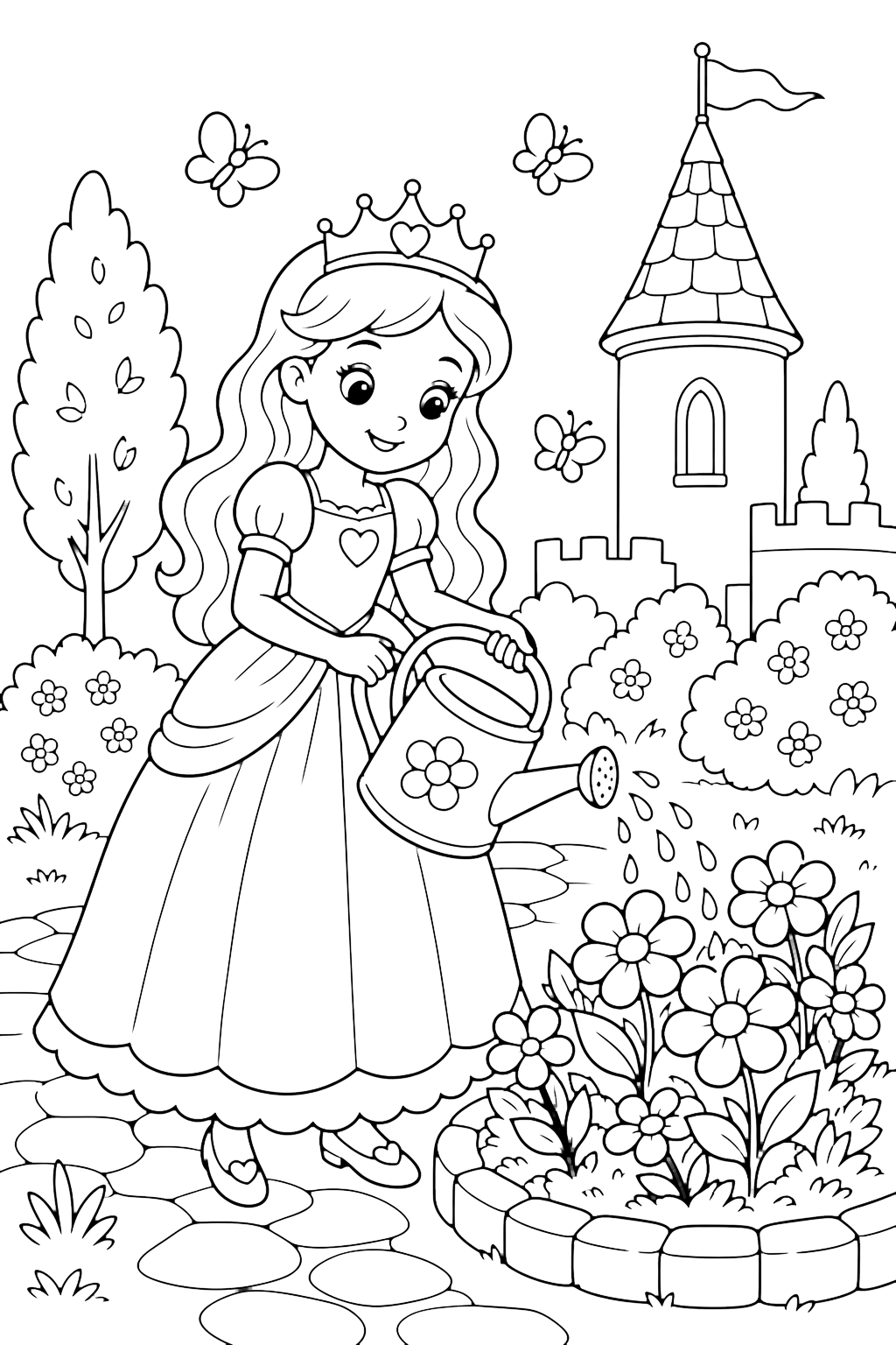 Princesa regando flores con corona, regadera, mariposas, camino de jardín y torre de castillo para niños