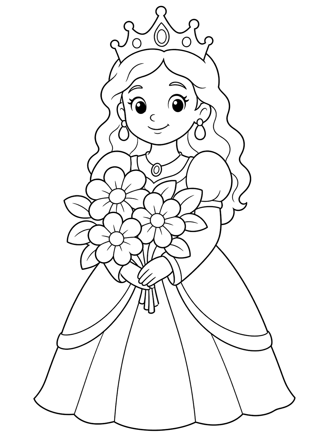 Coloriage reine avec bouquet de fleurs - reine avec bouquet de fleurs