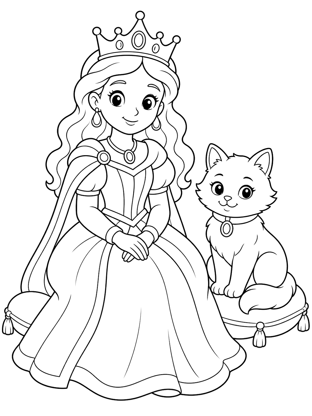 Regina con gatto reale da colorare per bambini - regina con gatto reale