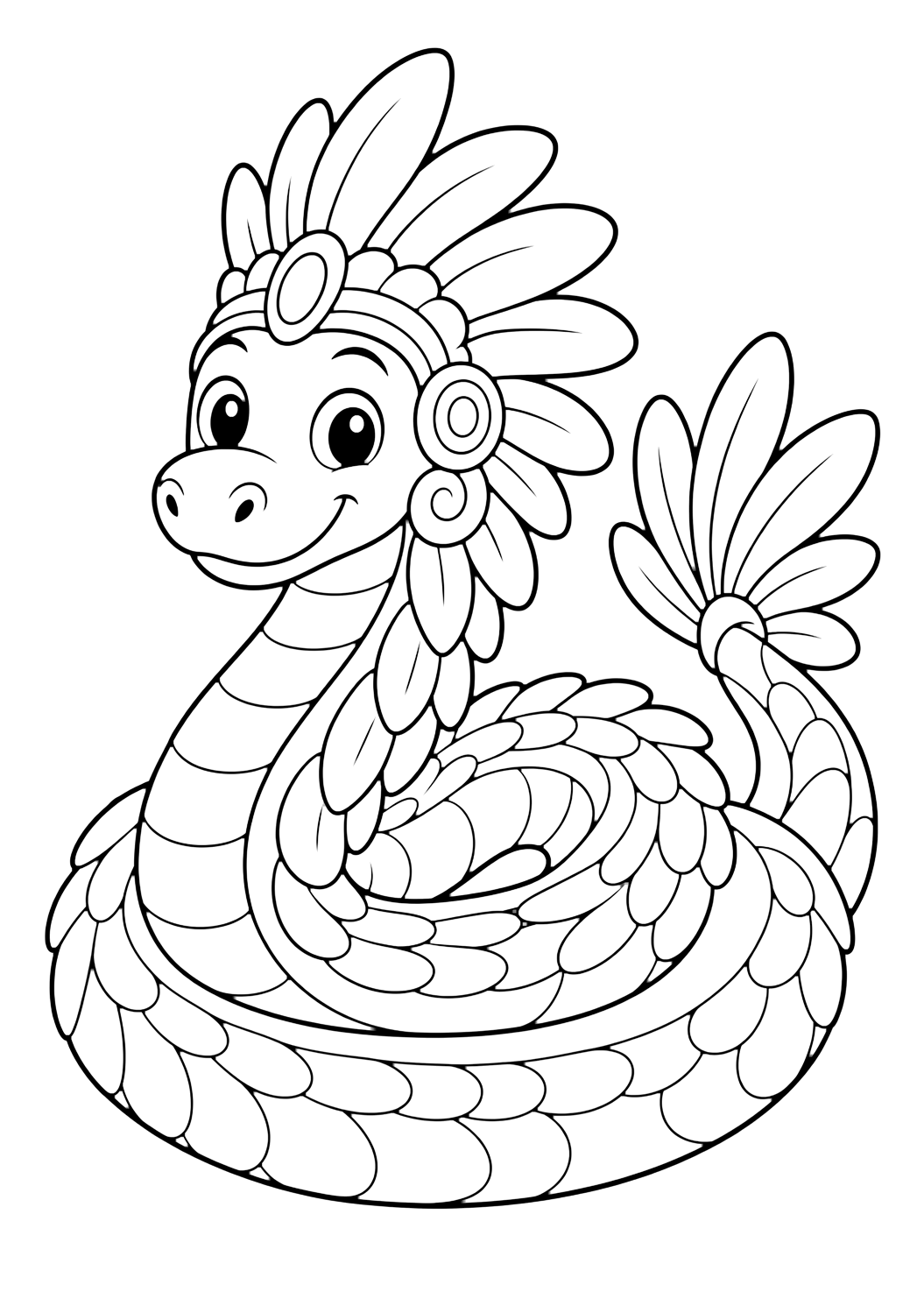 Quetzalcoatl serpent coloring page with a cute Quetzalcoatl-inspired feathered serpent with a rounded head, gentle eyes, simple feathers, and a coiled body for kids