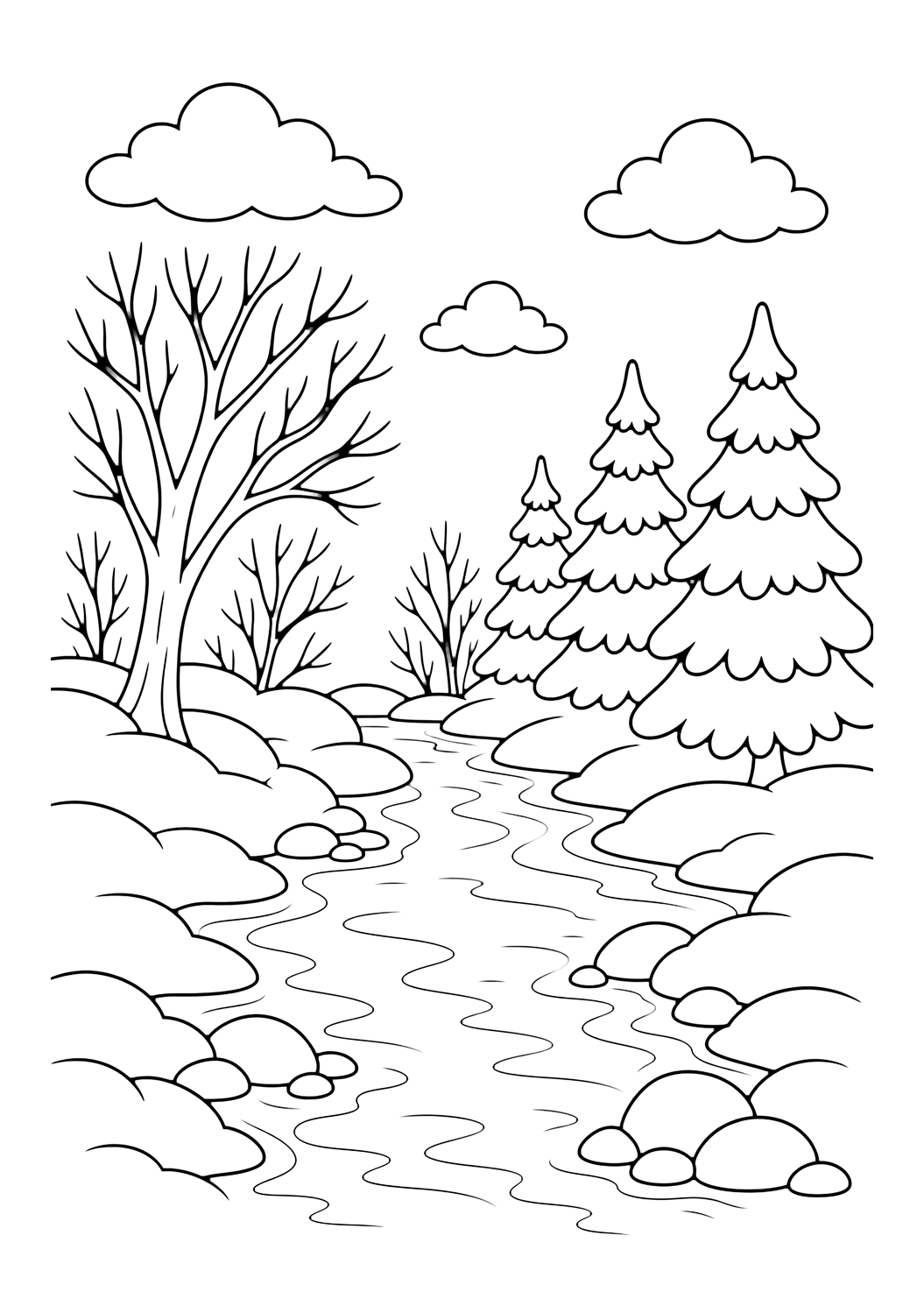 Ruhiger Winterbach Ausmalbild