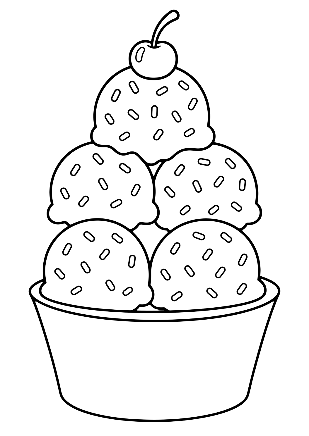 rainbow ice cream scoops coloring page with five round ice cream scoops stacked in a cup, each with simple sprinkle shapes, a cherry, and open white space for kids