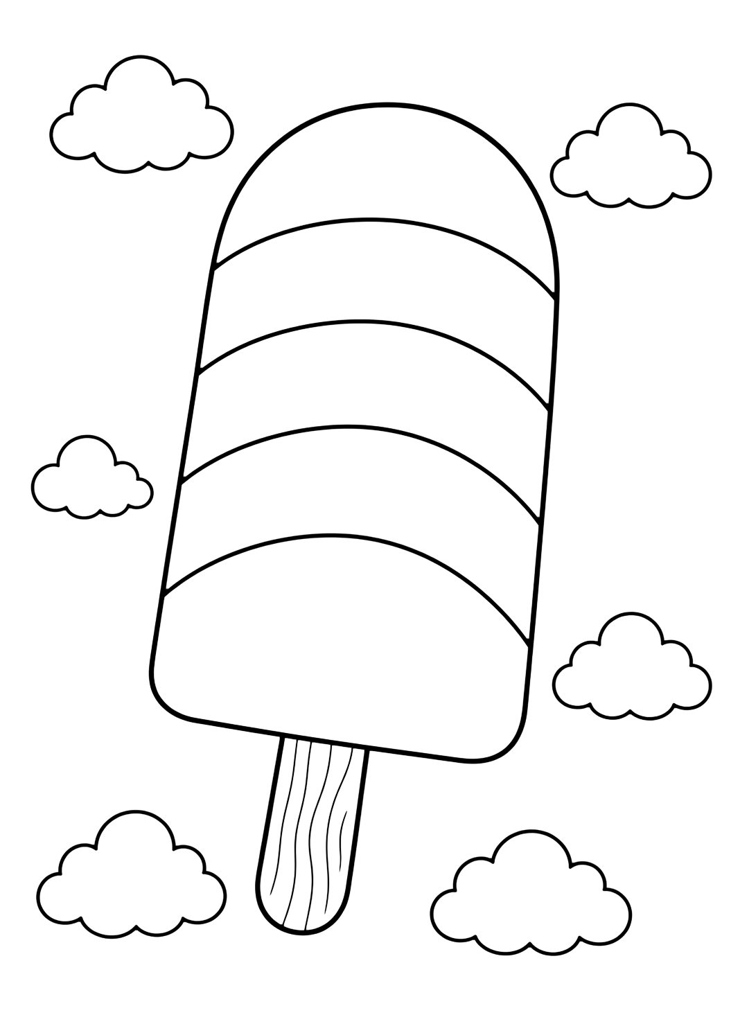 rainbow popsicle coloring page with a rainbow popsicle with five broad curved flavor bands, rounded top, wooden stick, small clouds, and no text anywhere for kids