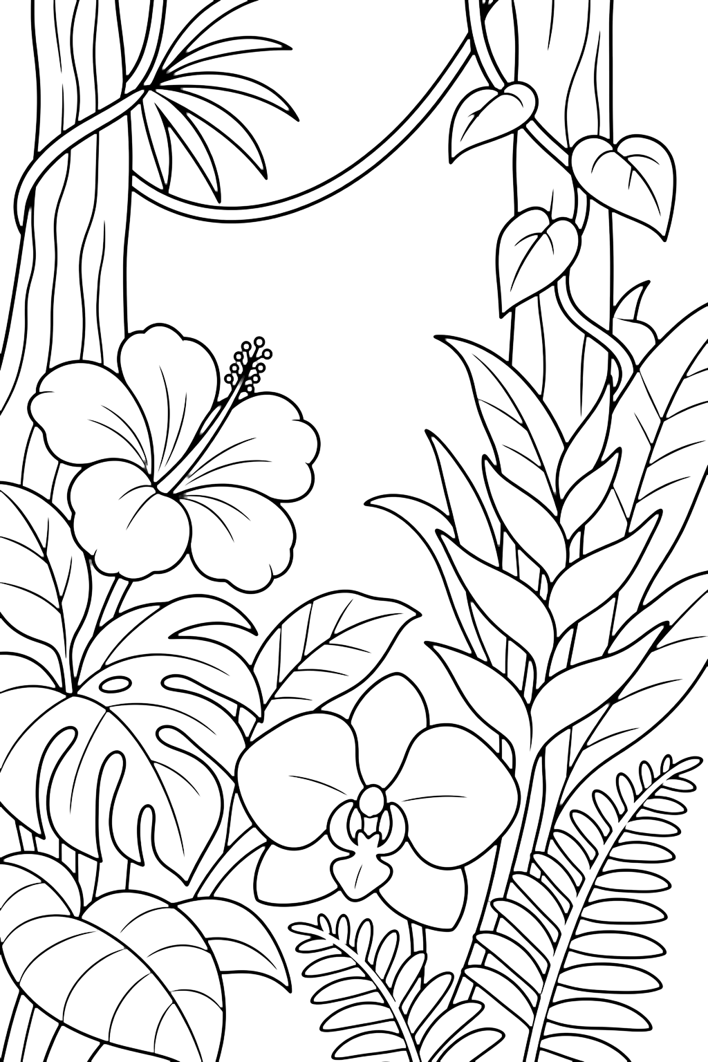 rainforest flowers coloring page with large tropical flowers growing among rainforest leaves with simple stems, vines, ferns, and tree trunks for kids