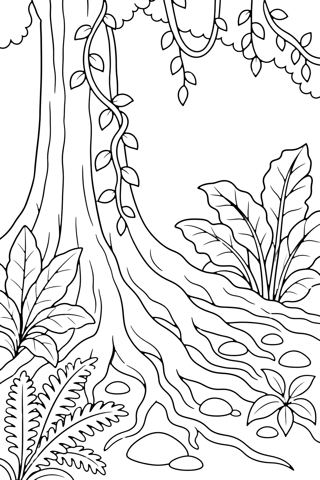 Raíces de árbol de selva tropical para colorear