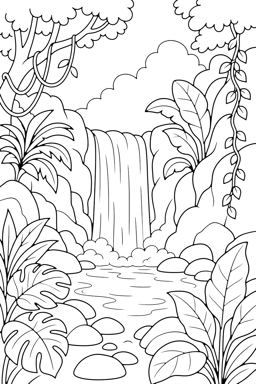 Coloriage cascade dans la forêt tropicale