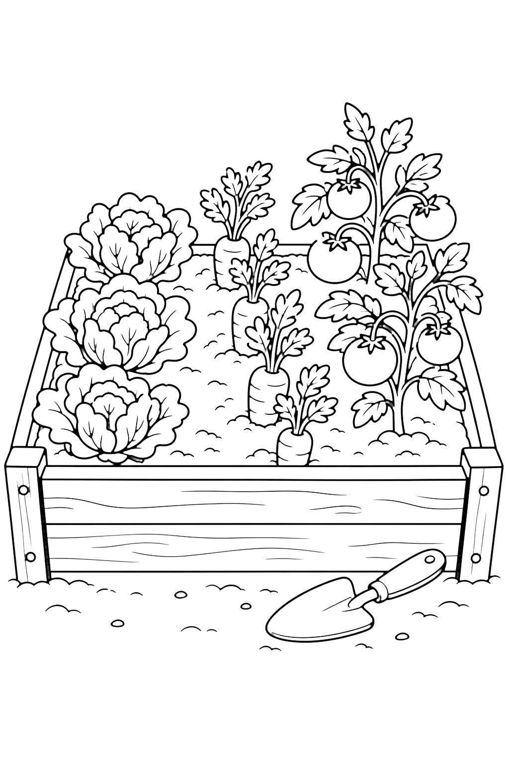 Huerto elevado de verduras para colorear con una cama elevada de madera con lechuga, zanahorias, tomateras, filas de tierra y una palita cerca. Ideal para niños que disfrutan jardín para colorear para imprimir y colorear online.
