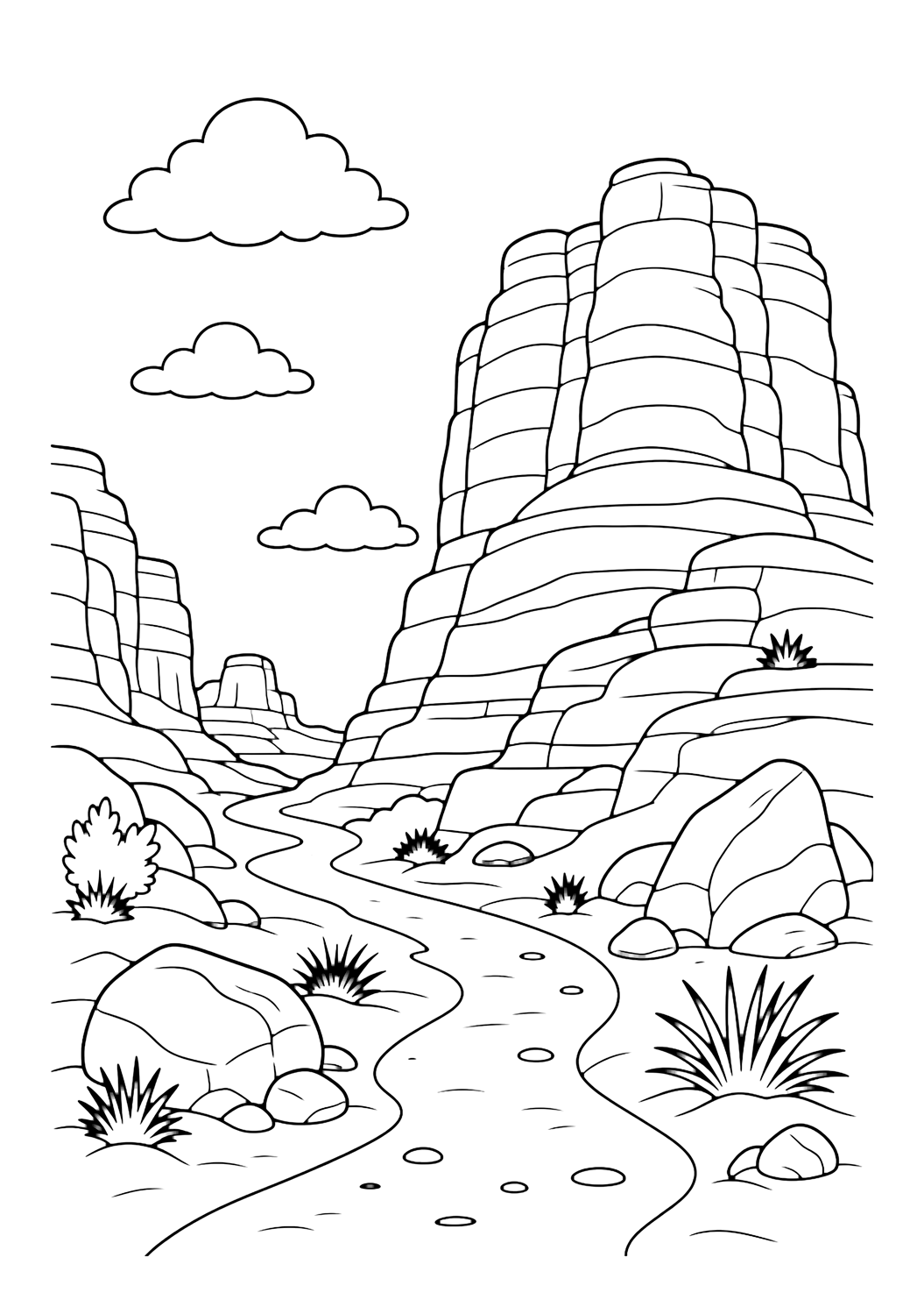 red cliff desert coloring page with red desert cliffs with layered lines, a winding trail, boulders, sparse plants, and open sky for kids