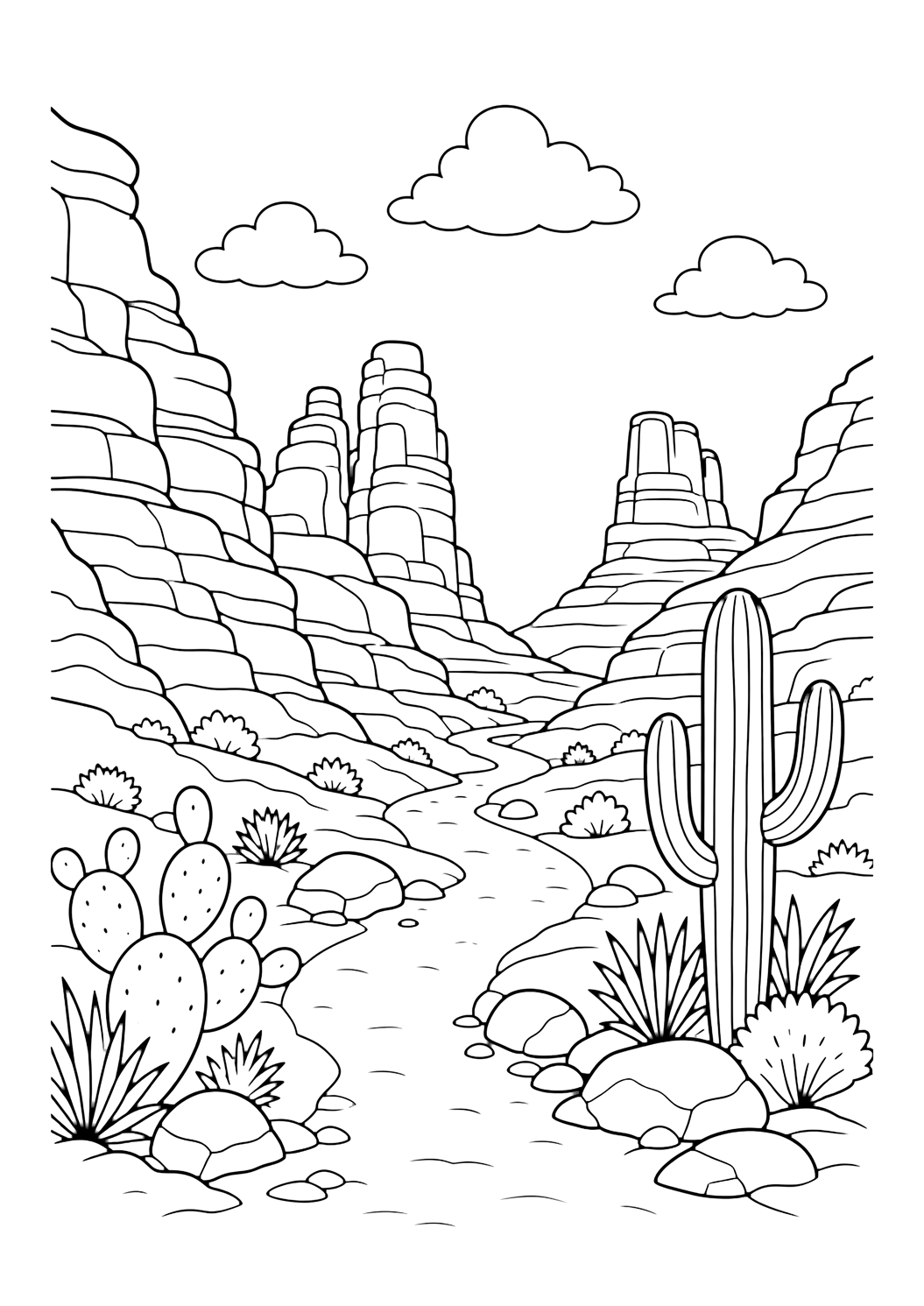red rock trail coloring page with a trail through red rock desert formations with cacti, stones, layered cliffs, and sky for kids
