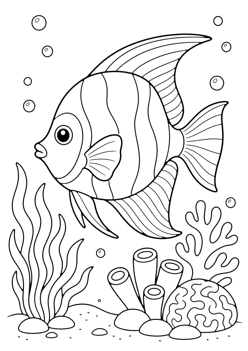 Dibujo para colorear con Pez ángel de arrecife. Ideal para niños, temas del océano, impresión y coloreado online.