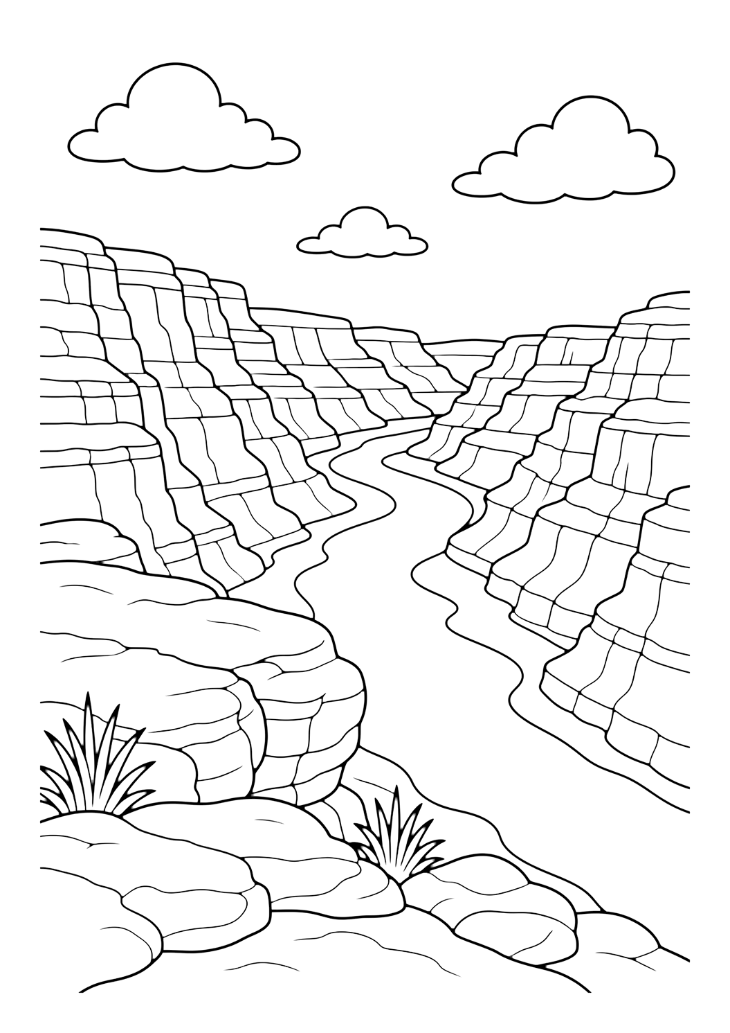 Coloriage vue sur une rivière de canyon