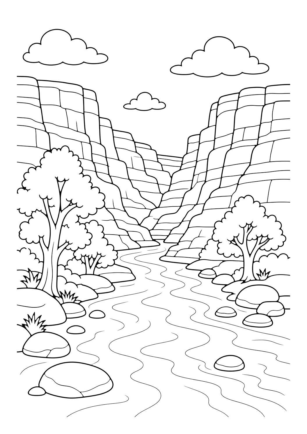 Coloriage rivière de canyon avec arbres