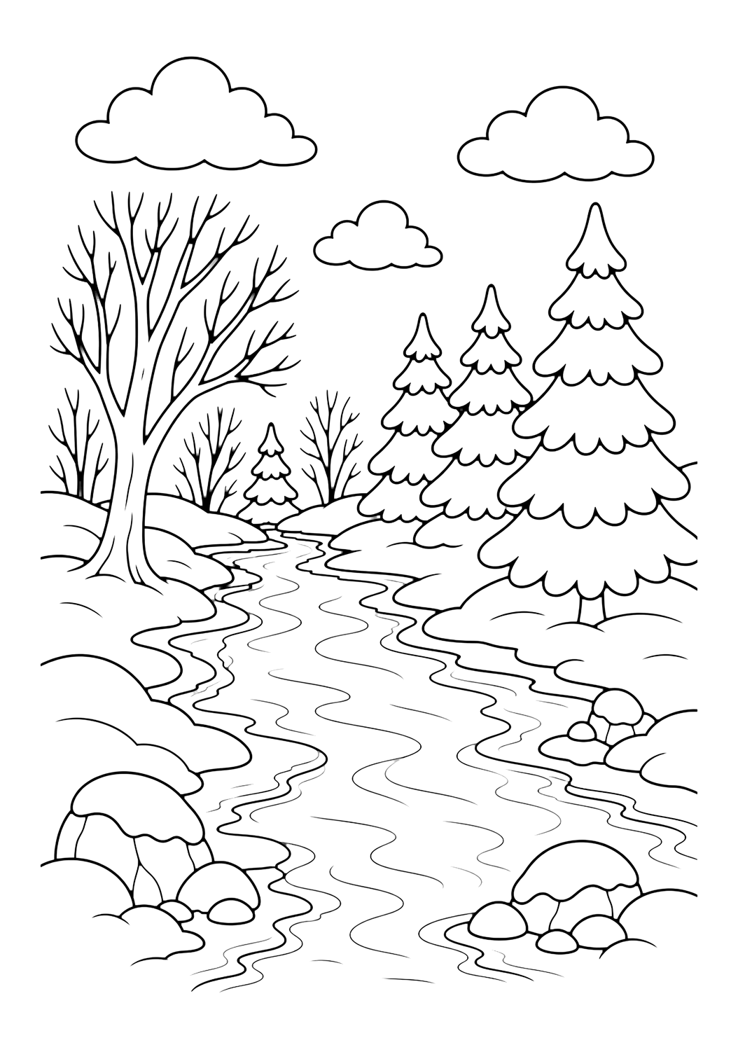 Fluss durch verschneiten Wald Ausmalbild