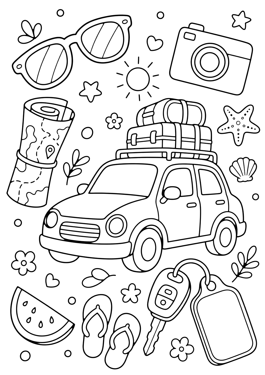 road trip sunglasses and camera coloring page with sunglasses, a simple camera without logo, rolled map, car keys with a blank tag, and small summer shapes arranged neatly
