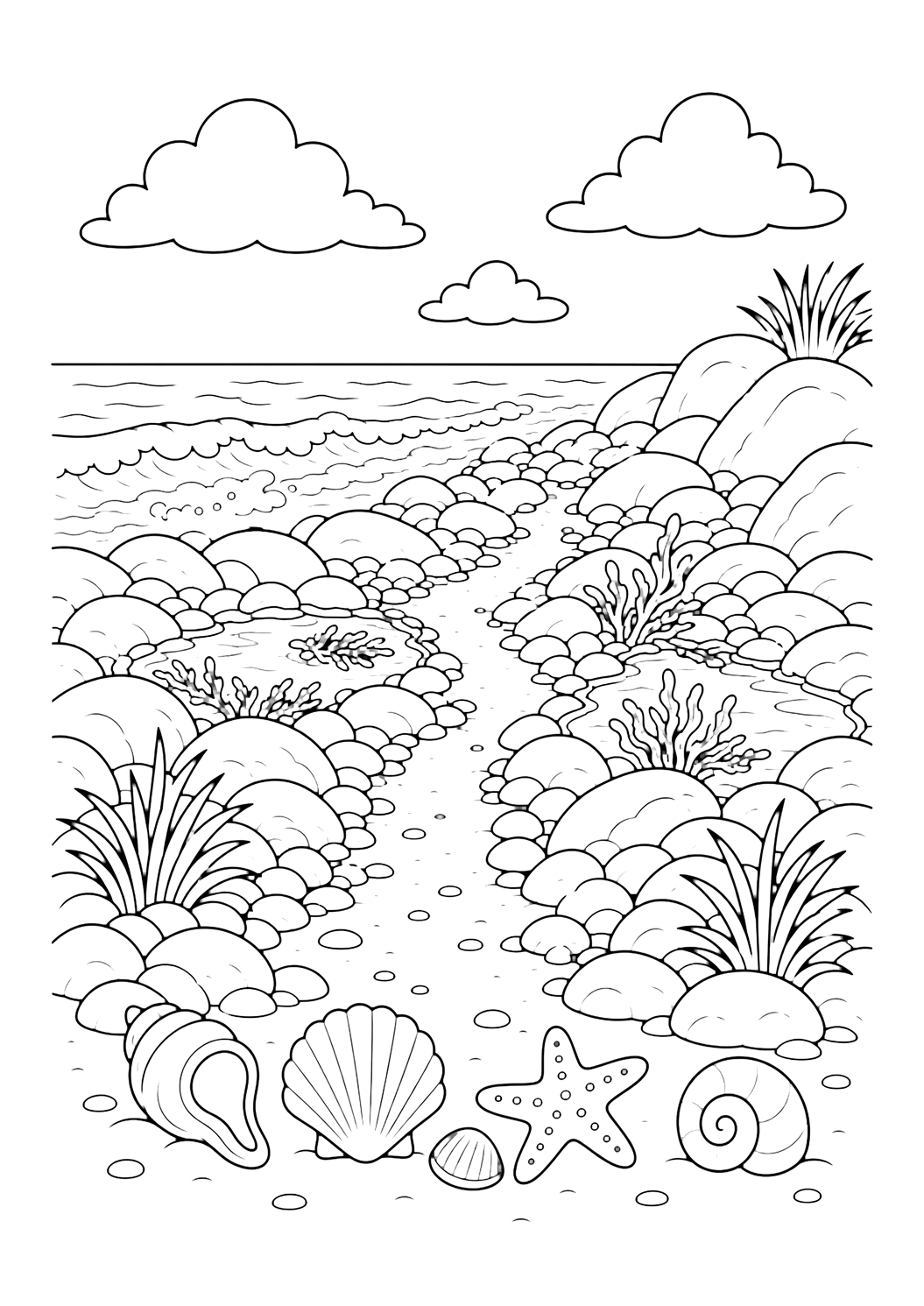 Sentiero sulla spiaggia rocciosa da colorare
