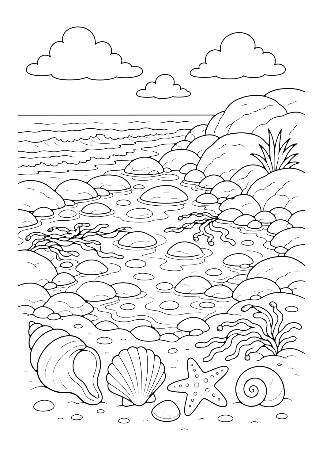 rocky shore tide pools coloring page with rocky shore tide pools with rounded stones, shallow water shapes, shells, seaweed, and small waves for kids